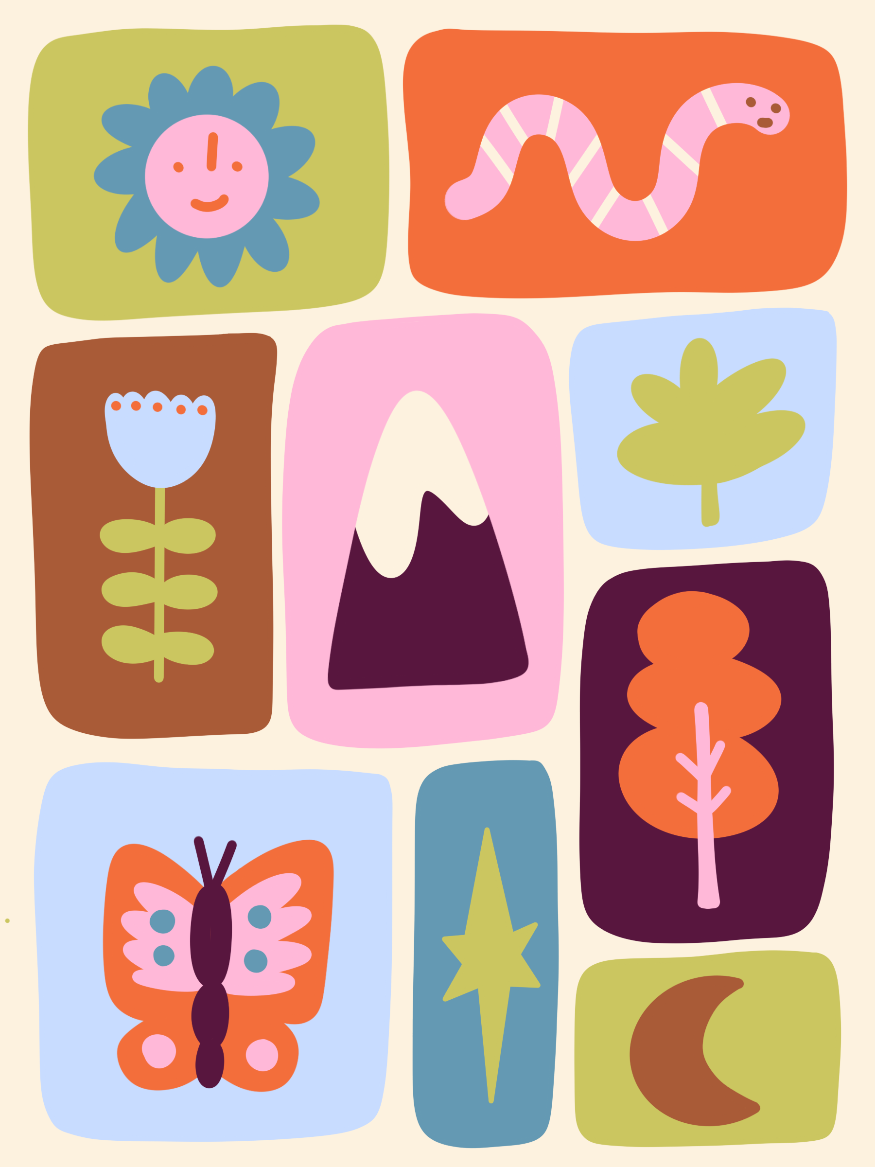 Colorful illustrated collage featuring various symbols of nature and abstract shapes, including flowers, a butterfly, a star, a moon, and other geometric and organic forms.
