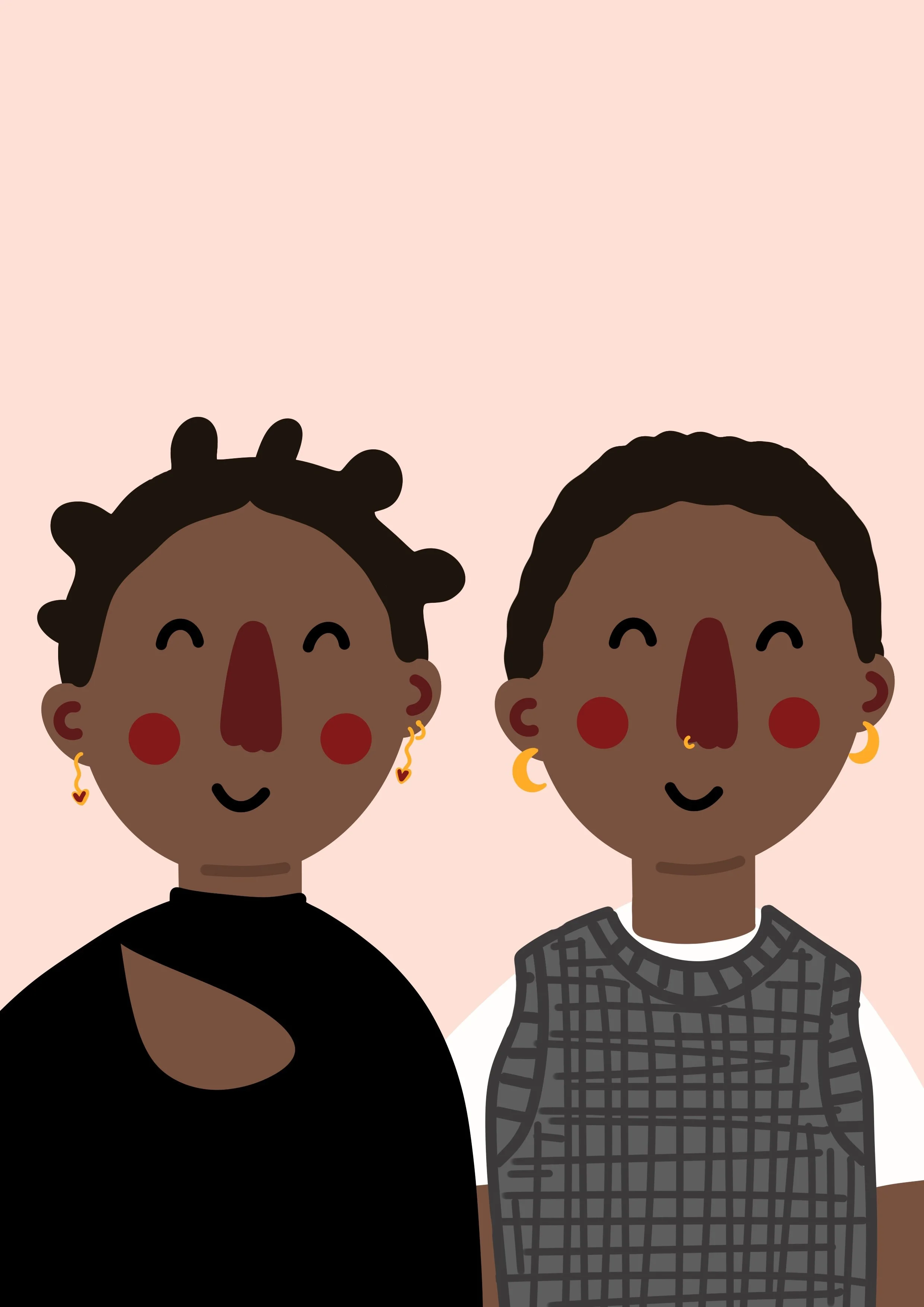 Two smiling individuals with dark skin tones and short curly hair, wearing earrings, against a light pink background.