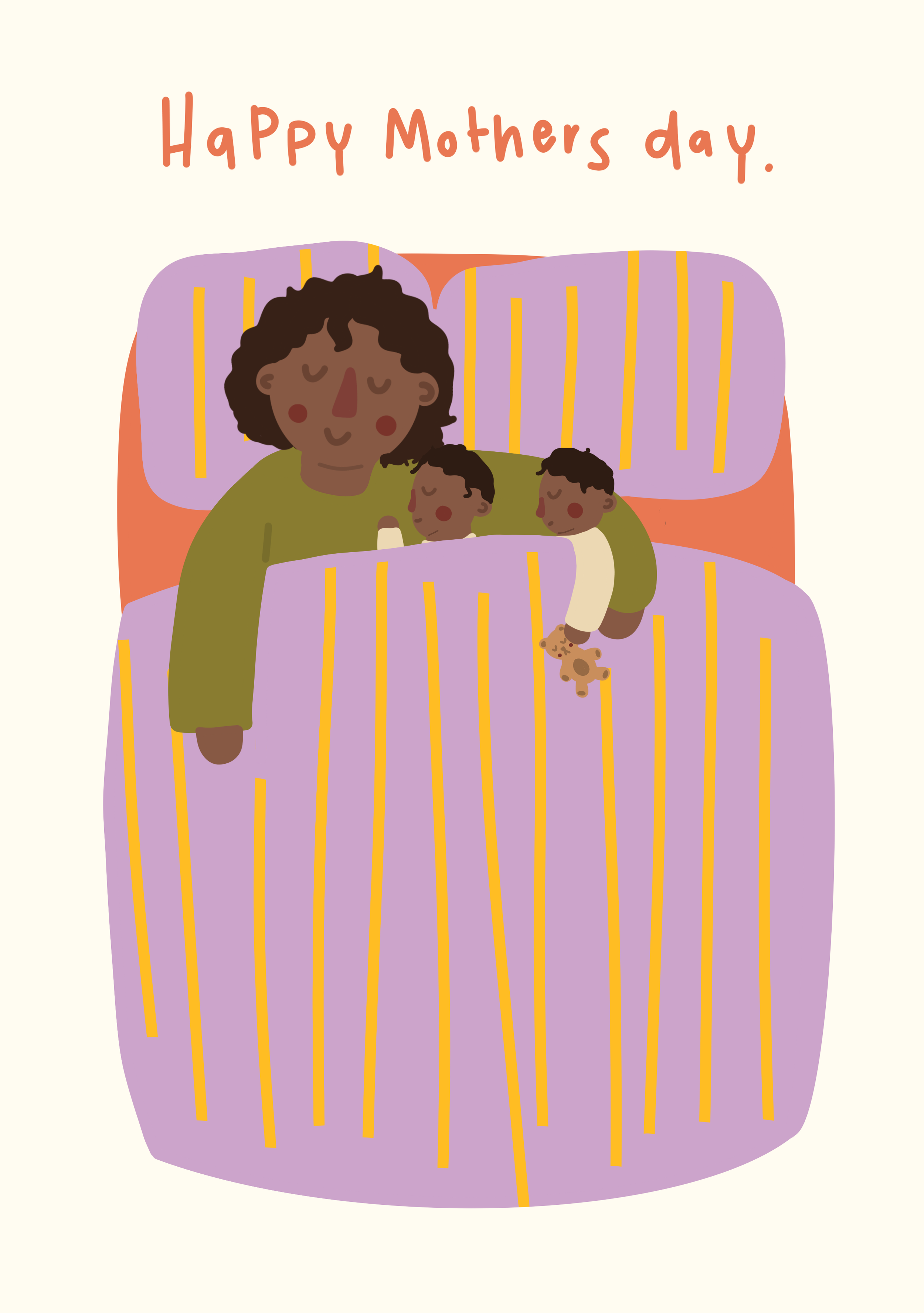 A digital illustration of a mother with two children in bed, with a "Happy Mothers day" message written at the top.