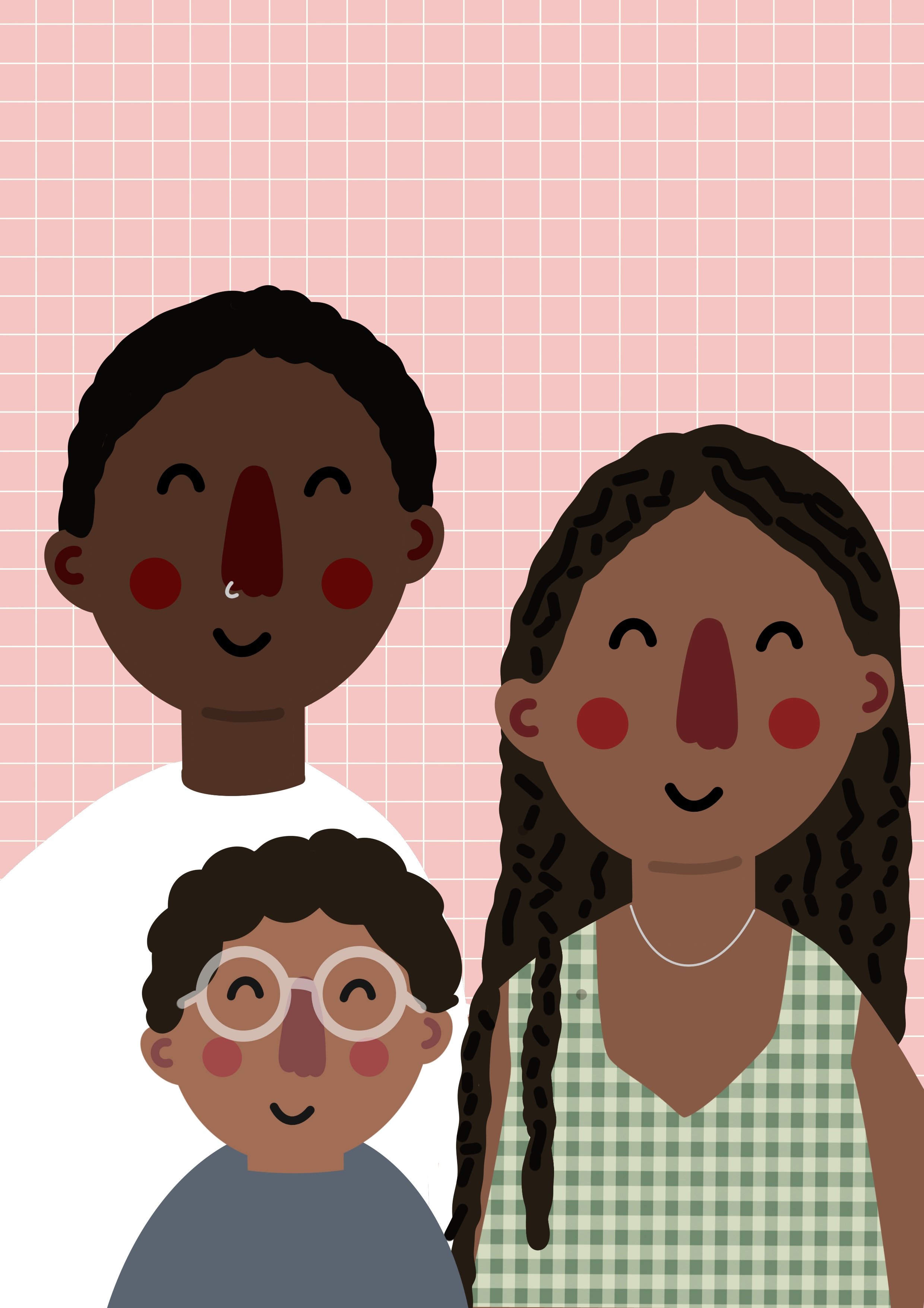 Illustration of diverse smiling people with various skin tones and hair styles, including children and an adult woman, set against a pink grid background.