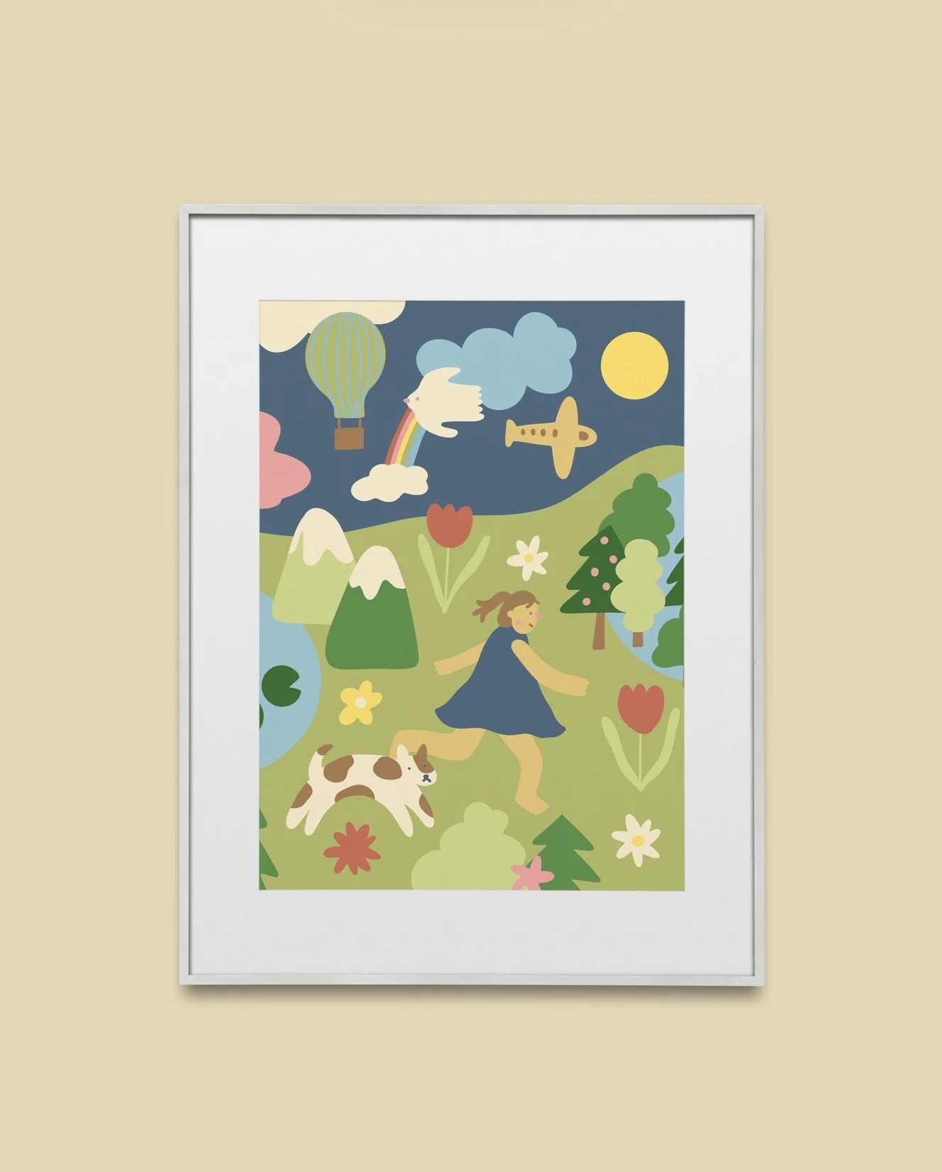 Colorful cartoon landscape featuring a girl running with a dog, mountains, trees, a river, flowers, and a sky with clouds, a rainbow, a hot air balloon, a flying bird with a rainbow trail, a sun, and an airplane.
