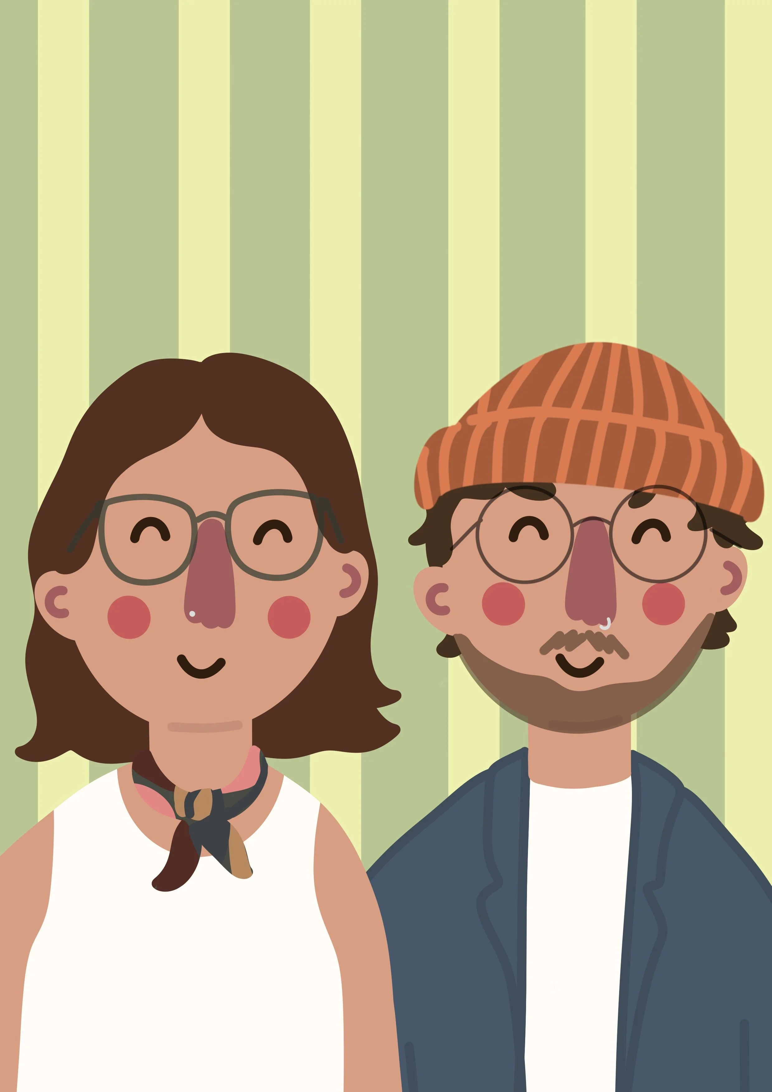 Illustration of a smiling woman with glasses and a dark brown ponytail, wearing a white top with a scarf, standing next to a smiling man with glasses, a beard, and dark hair under an orange beanie, dressed in a dark blazer and white shirt, against a 