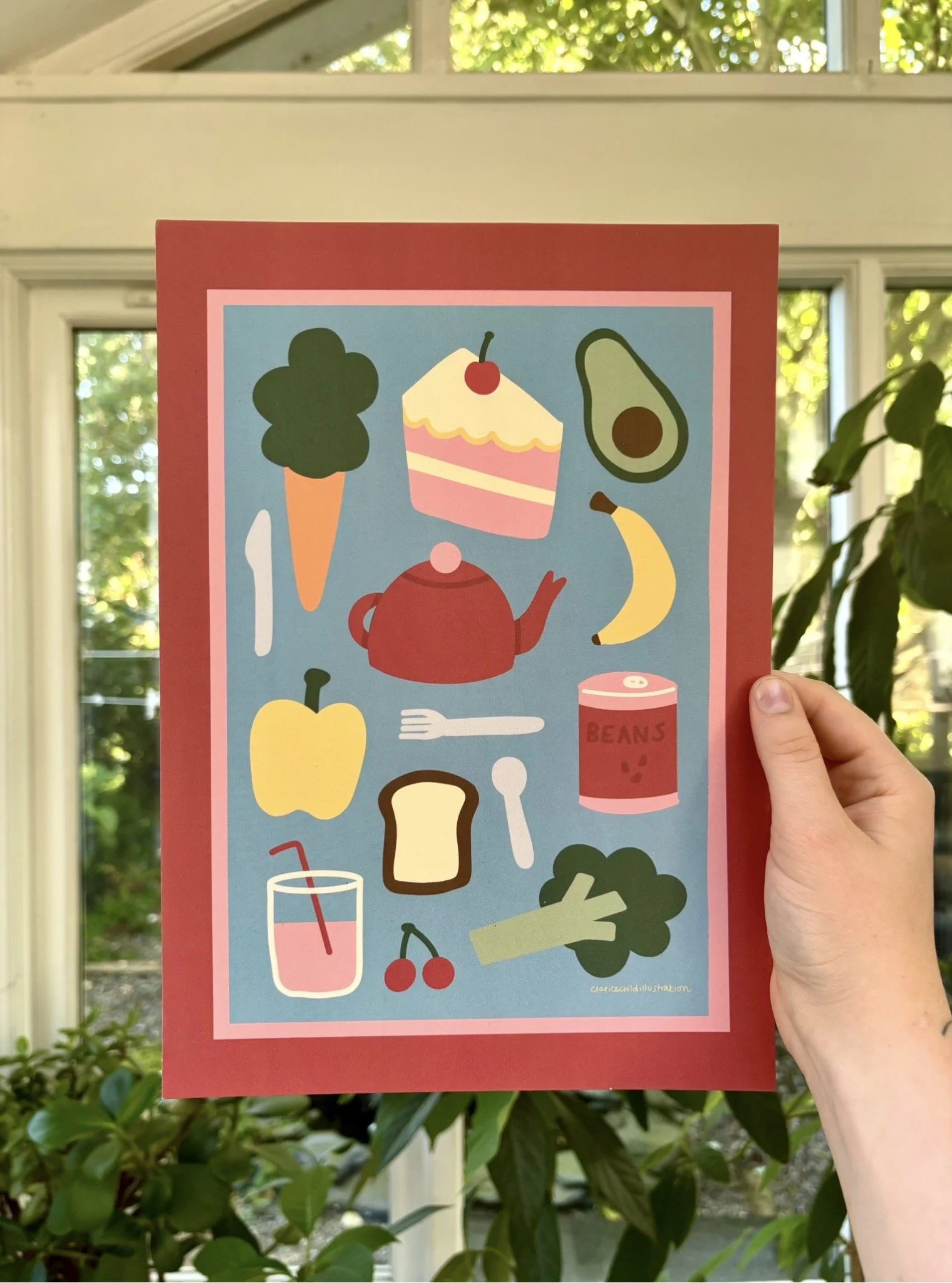 Colorful illustration featuring a green broccoli, a yellow apple, a purple eggplant, a red teapot, a pink slice of cake with white frosting and a cherry on top, a yellow banana, a glass of pink lemonade with a straw, a red can of beans, and a bunch o