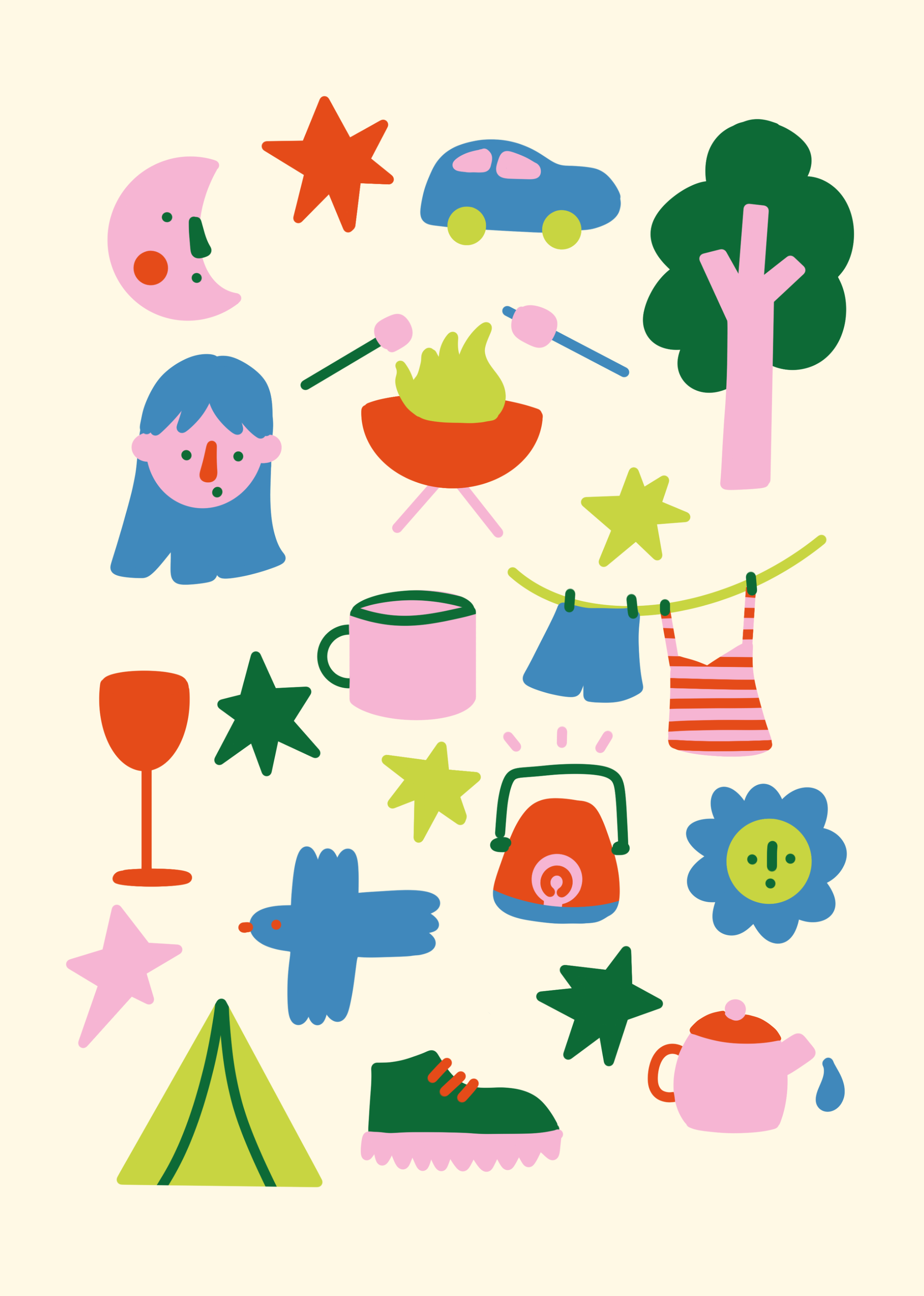Colorful illustration of camping and outdoor adventure items, including a tent, backpack, hiking boots, water bottle, mug, teapot, and various stars and clouds, with playful, cartoon-like characters and objects.