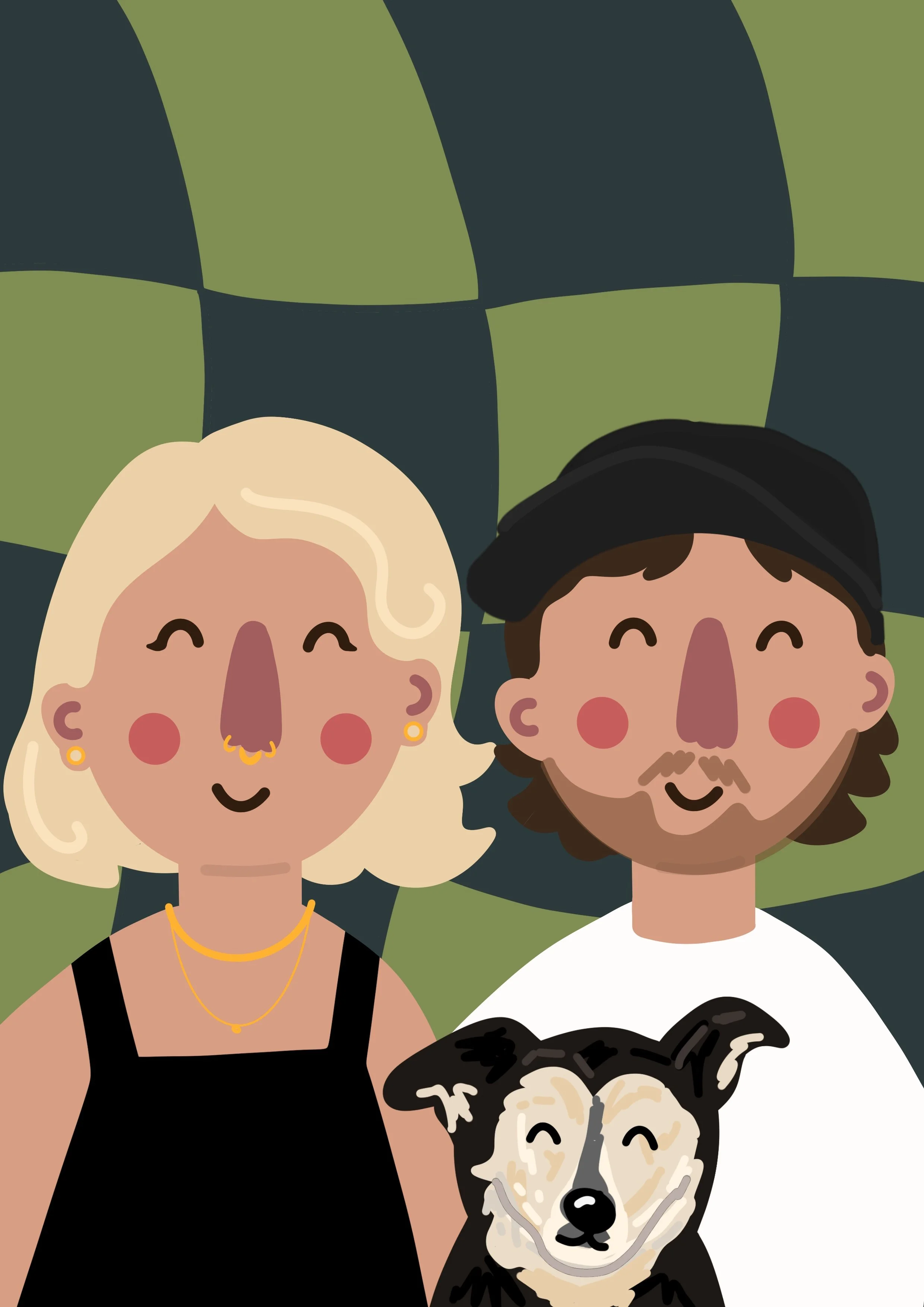 Illustration of a woman with blonde hair, wearing a black dress and yellow jewelry, smiling; a man with brown hair, beard, wearing a black cap and white shirt, smiling; a Husky dog with black and white fur, also smiling, in front of a green and dark 