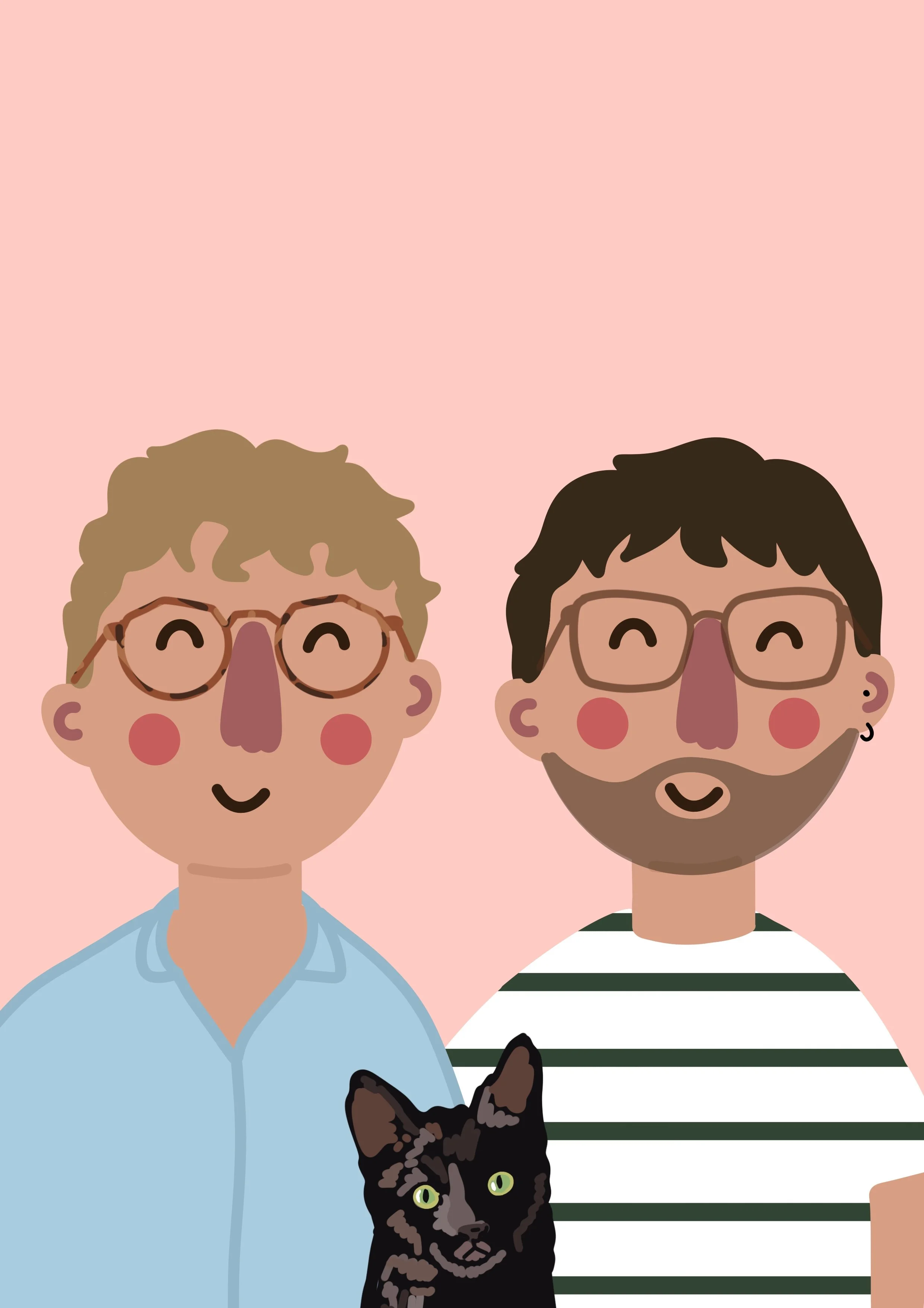 Two smiling men with glasses, one with curly blonde hair wearing a light blue shirt, and the other with dark hair, a beard, and earrings, wearing a black and white striped shirt, with a black cat with green eyes in front of them, all against a pink b