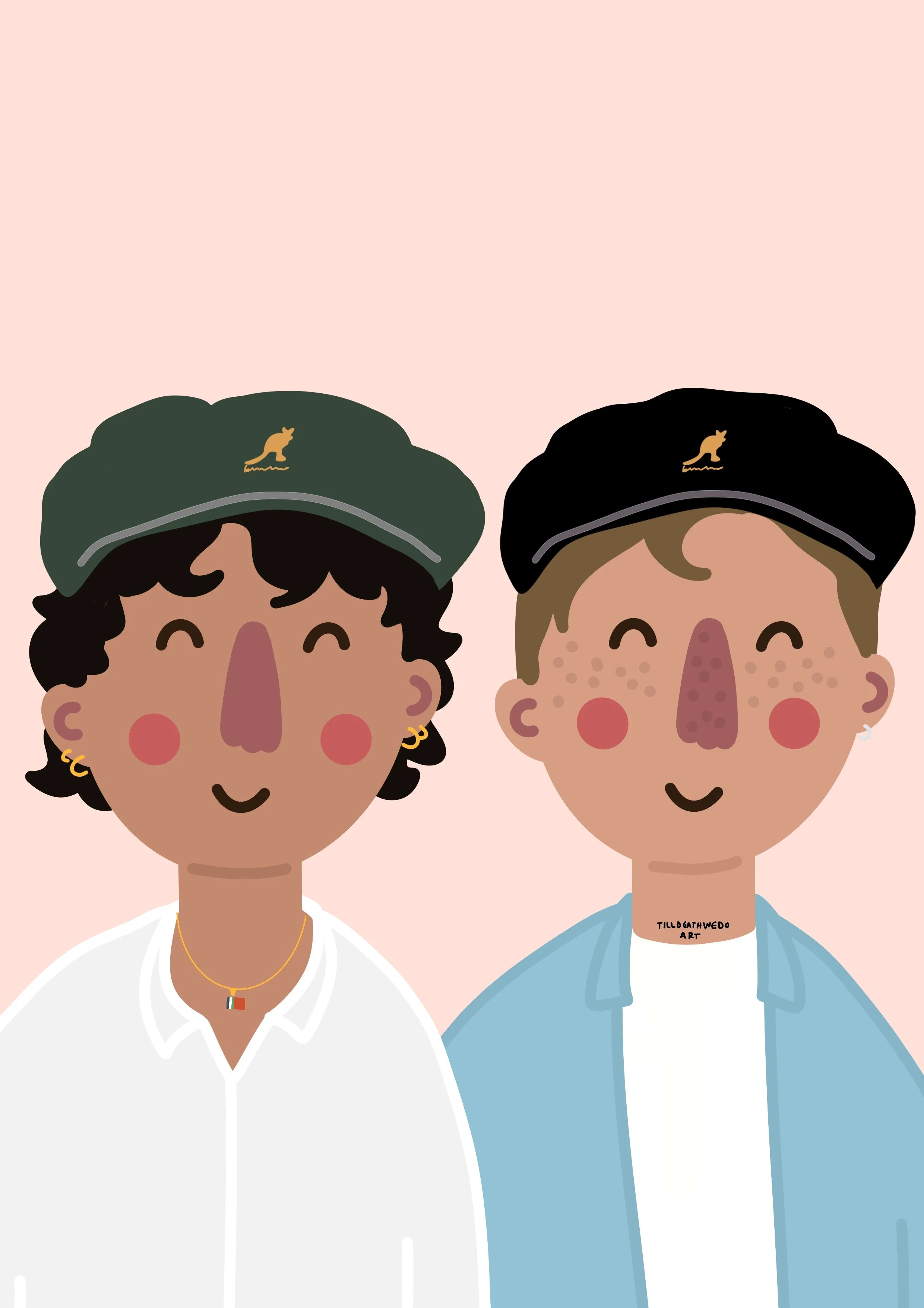 Digital illustration of two smiling people with curly hair, wearing black and green caps with a gold kangaroo logo, and casual white and blue shirts. The person on the left has dark skin, curly hair, gold hoop earrings, and a gold necklace with a mul