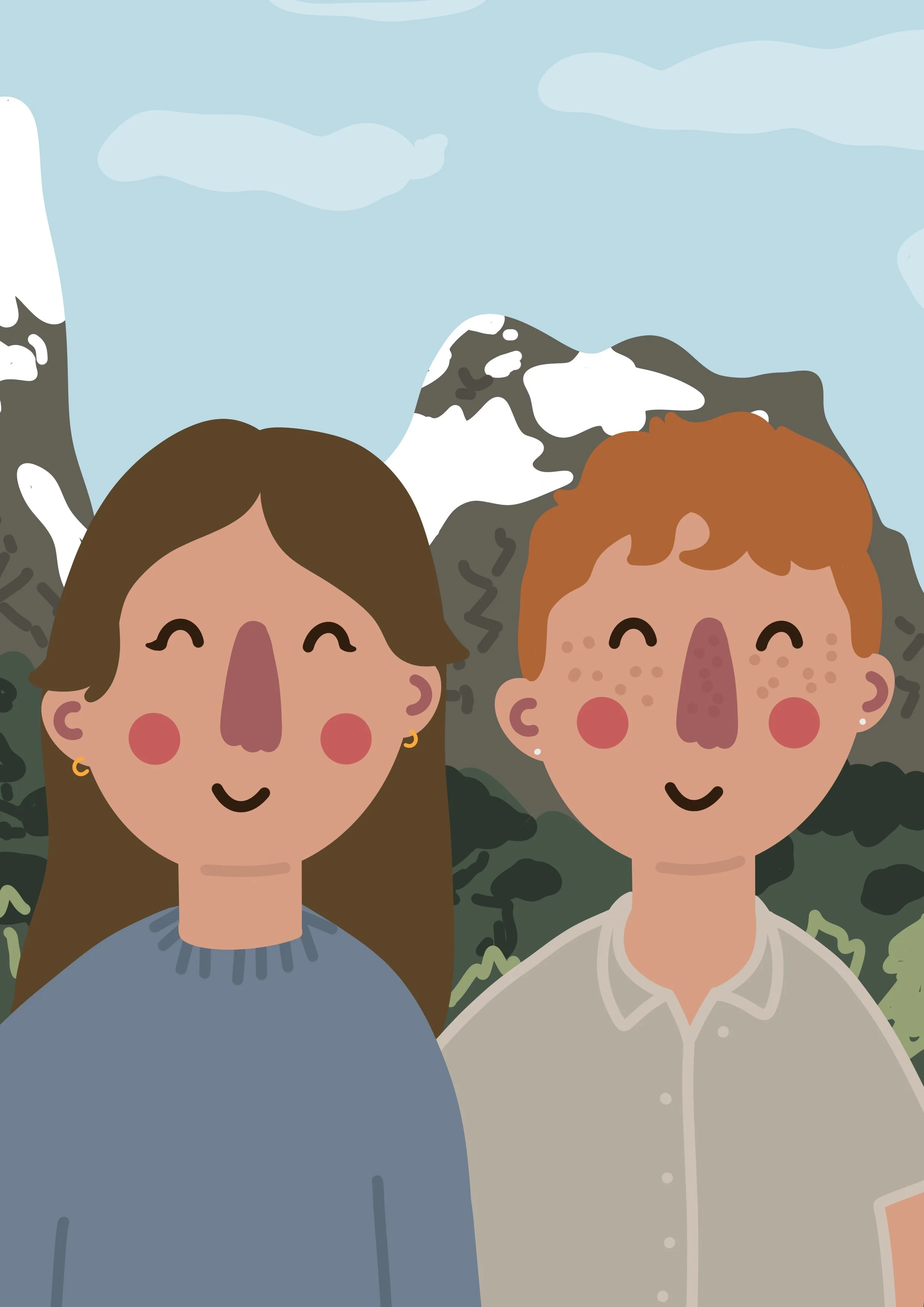 Illustration of a smiling woman with brown hair wearing a blue sweater and a smiling man with red hair wearing a beige shirt, with snow-capped mountains and cloudy sky in the background.