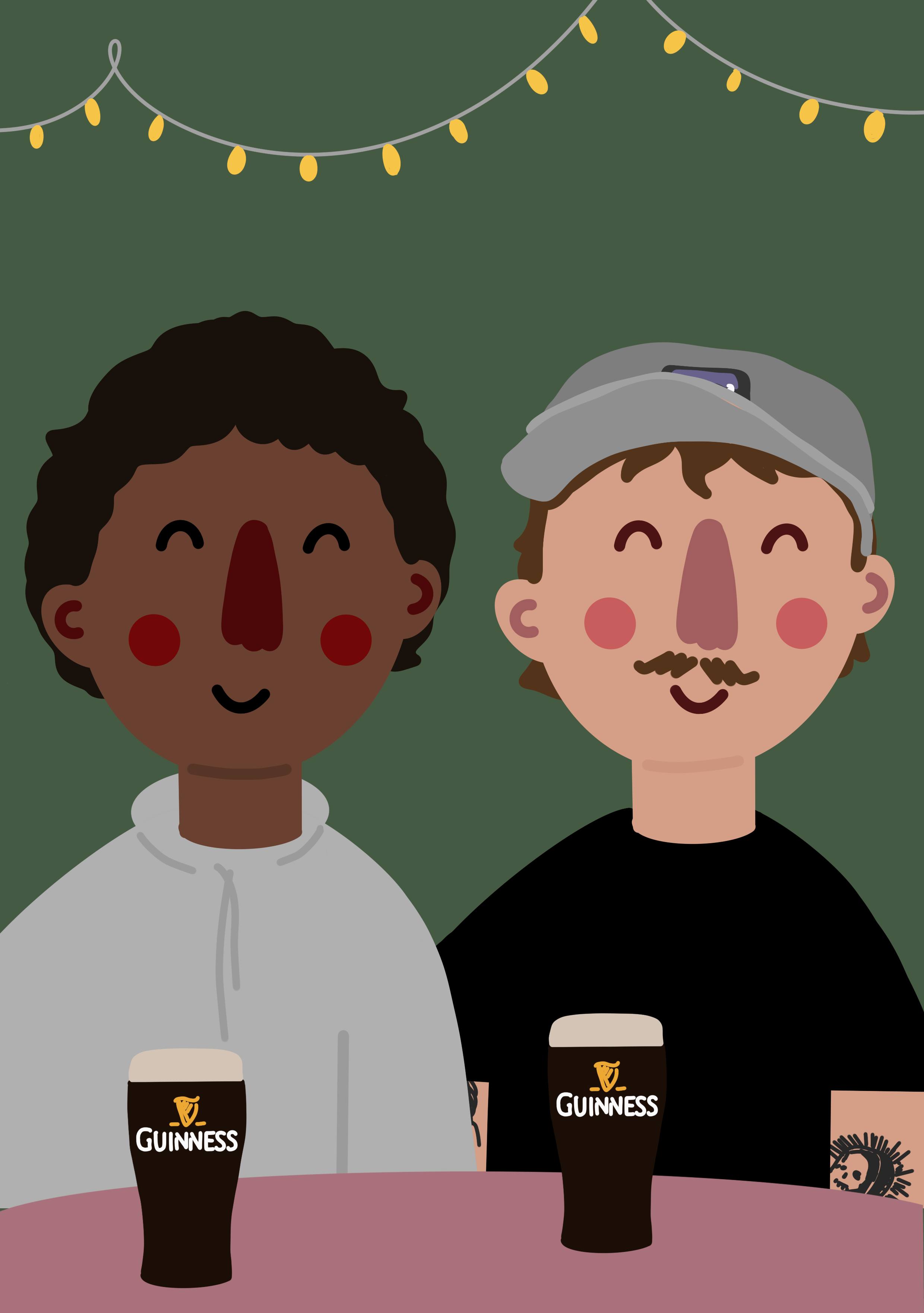 Two people smiling and holding pints of Guinness beer in a pub or bar with string lights hanging overhead.