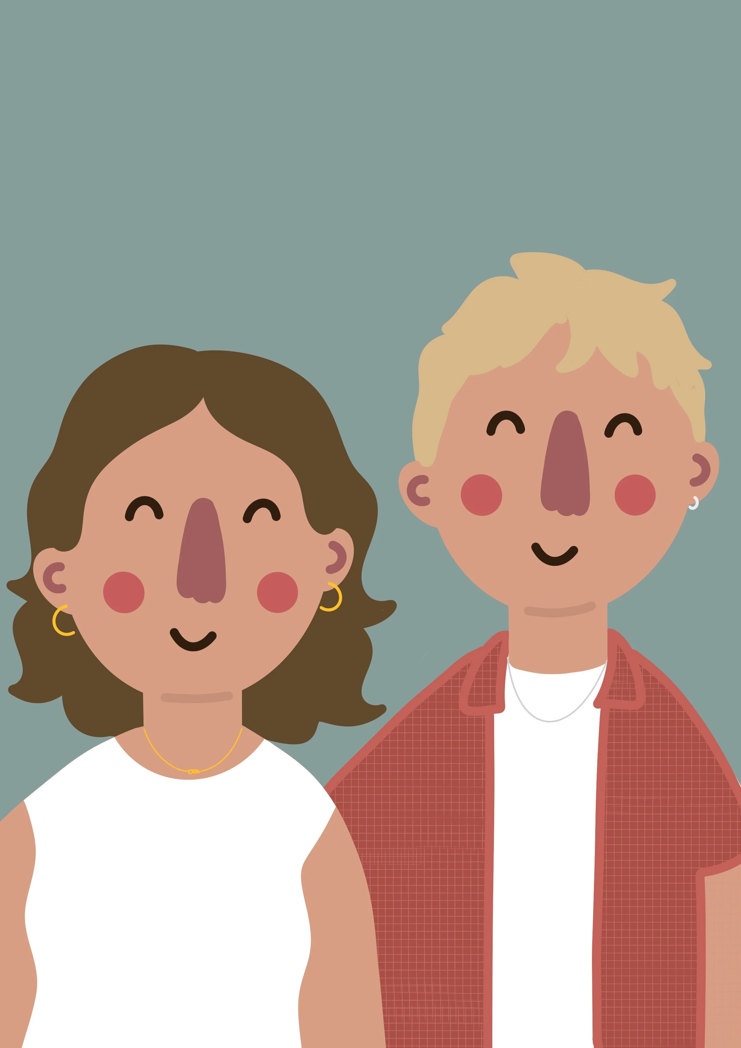 Two smiling cartoon characters, one woman with brown wavy hair and earrings, wearing a white top and gold jewelry, and one man with blond hair and a plaid red shirt over a white t-shirt, against a teal background.