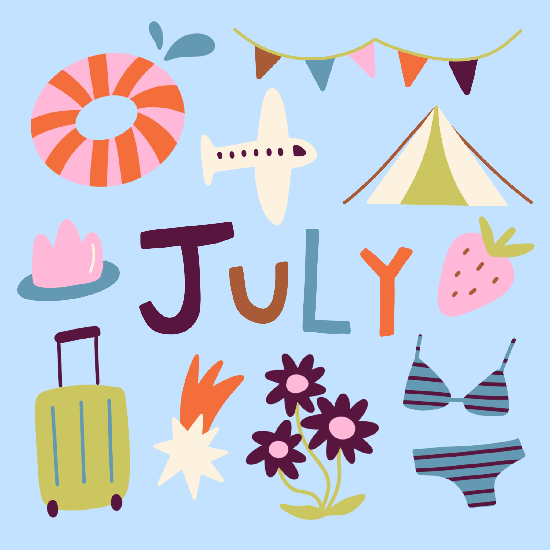 Colorful summer-themed illustrations including a pool float, airplane, tent, flowers, strawberries, a pair of striped swimsuits, and a luggage cart, with the word "JULY" prominently displayed.