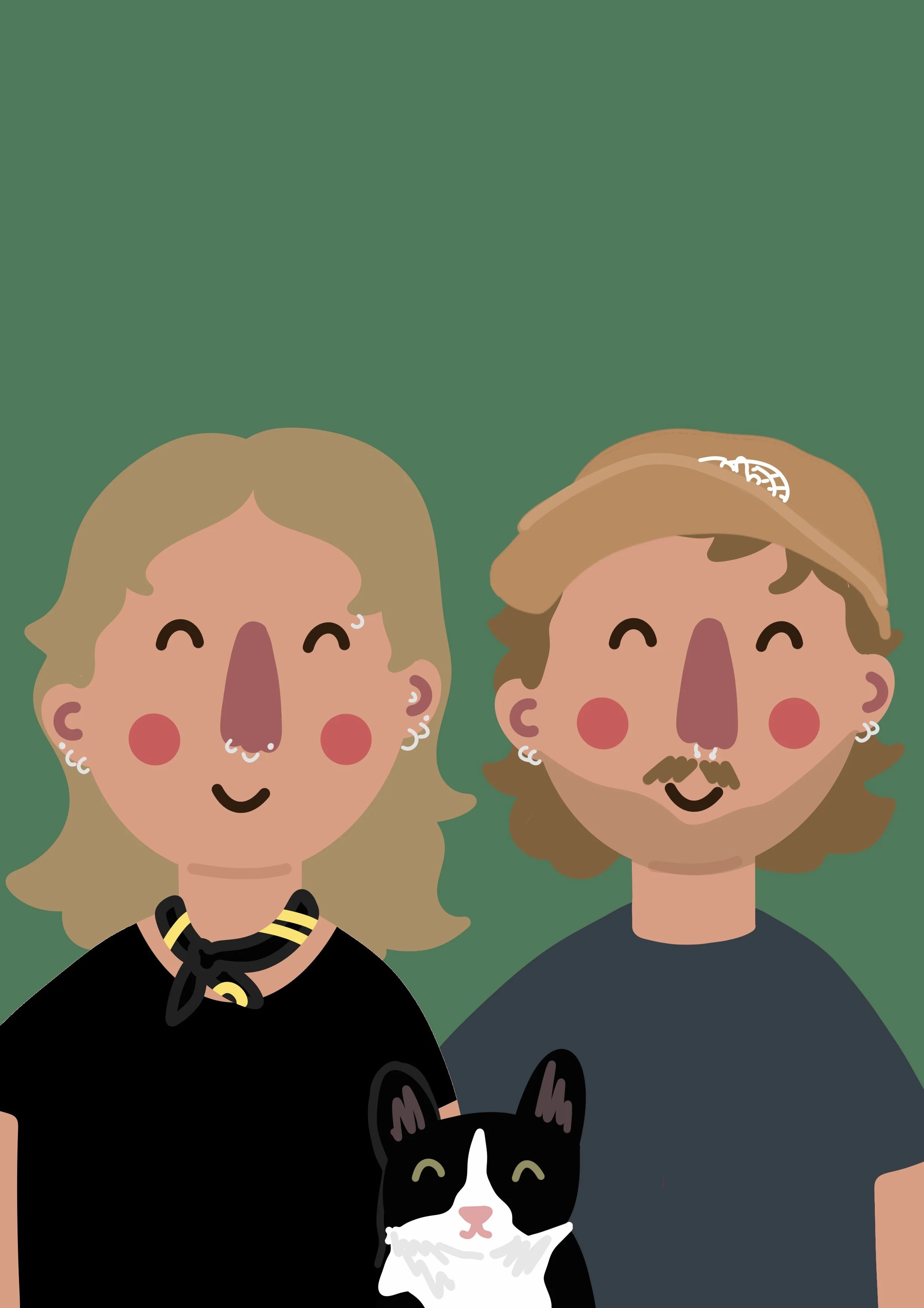 A cartoon illustration of a man and woman smiling, accompanied by a black and white dog sitting in front of them.