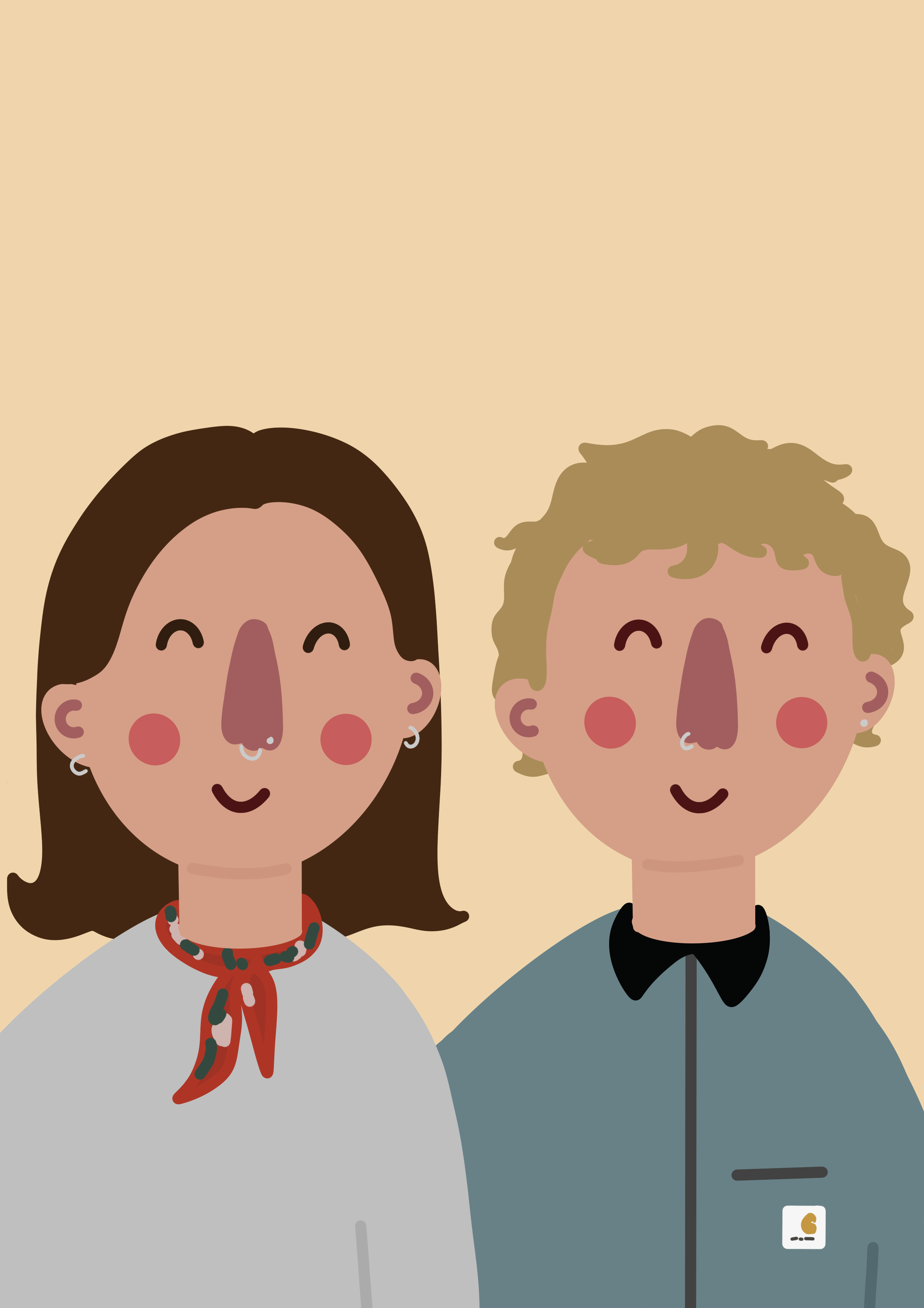Digital illustration of a smiling woman with long brown hair, wearing a white shirt, colorful beaded necklace, and earrings, alongside a smiling man with curly blonde hair, wearing a gray jacket with a black collar and a logo on the chest.