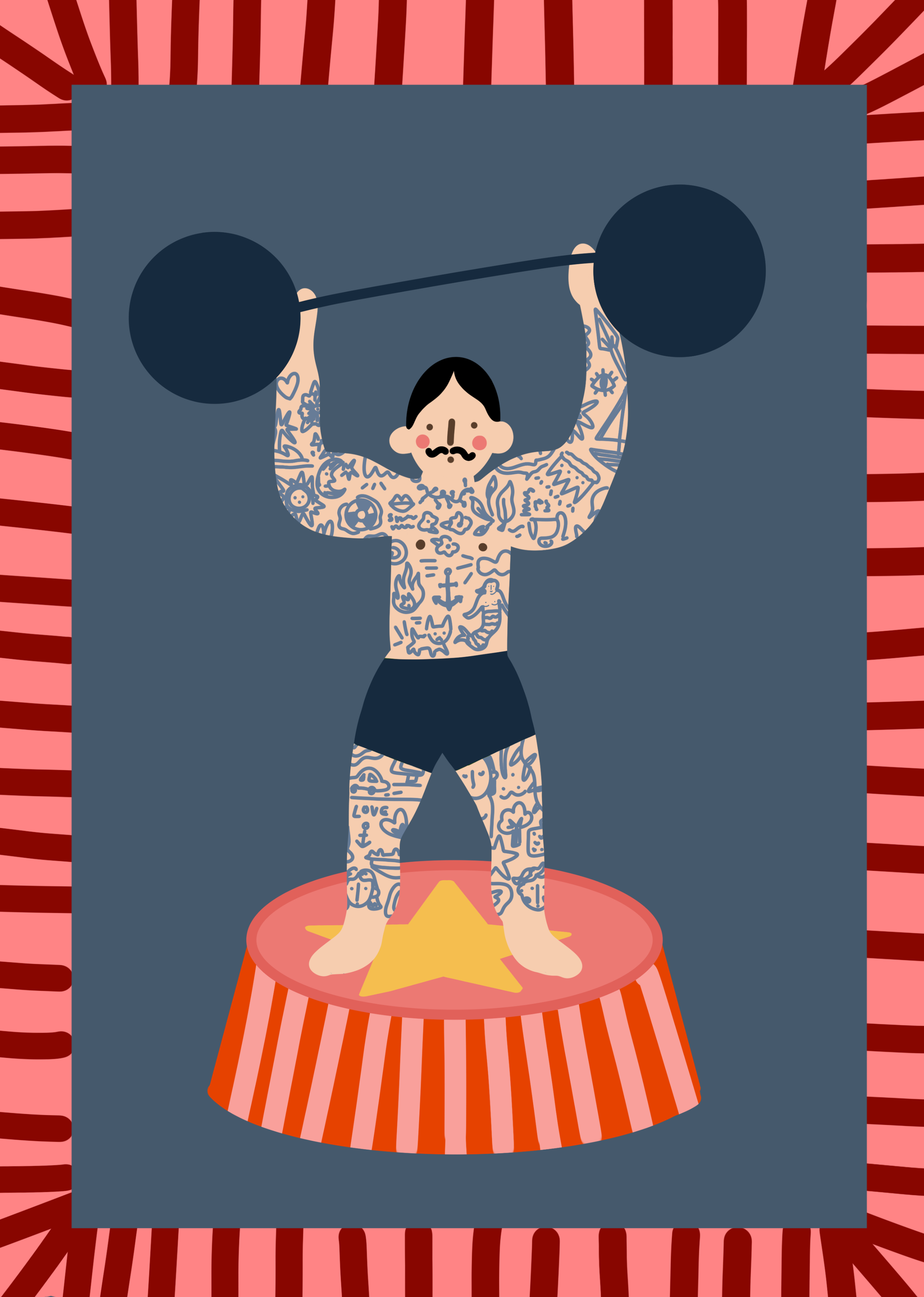 A cartoon man with tattoos lifting a barbell above his head while standing on a round stage with a star in the center. The stage has a striped orange and red border, and the background is gray with a red and pink radial pattern.