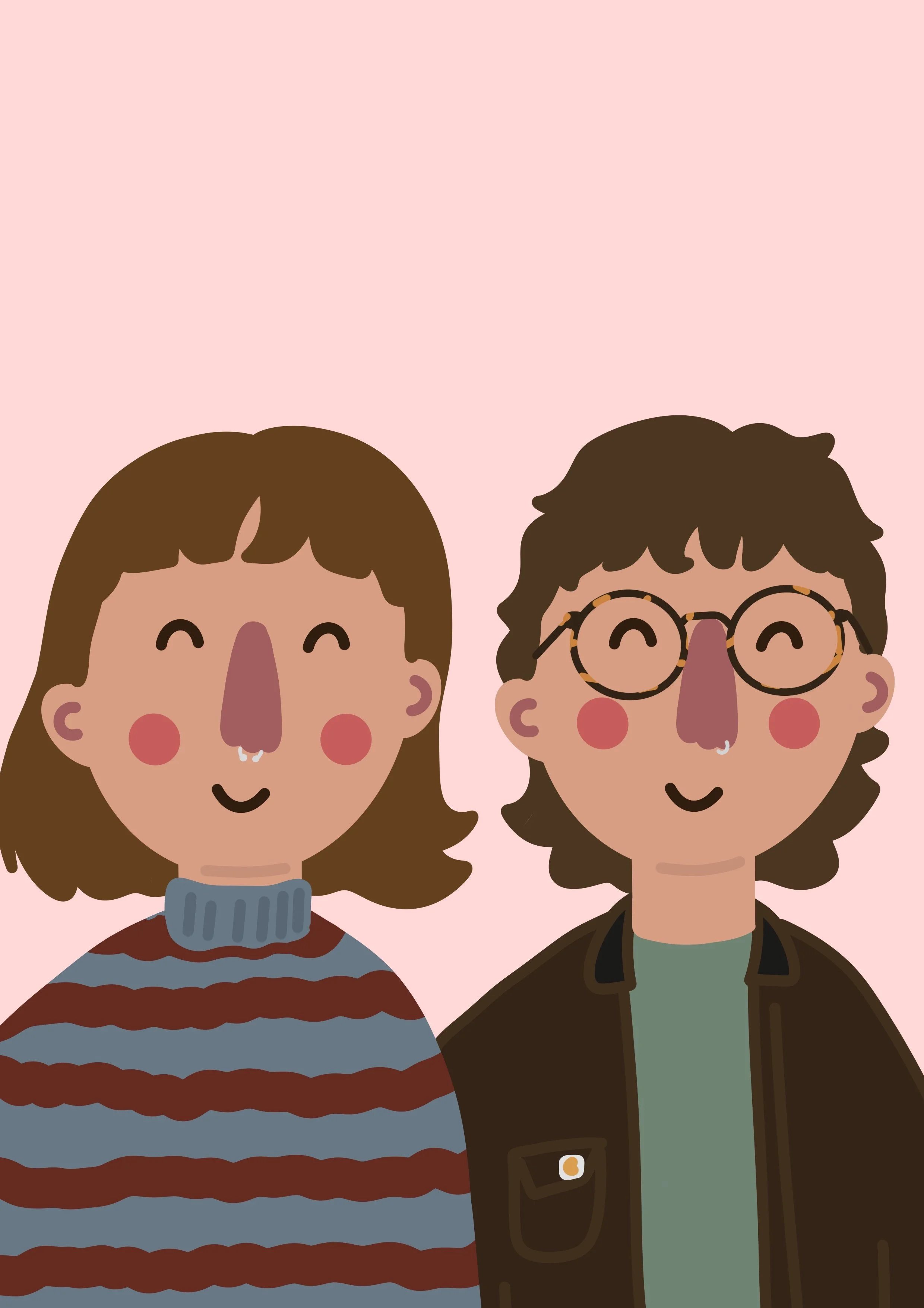 Two illustrated people with smiling faces against a pink background. The person on the left has brown hair, wearing a striped sweater. The person on the right has curly brown hair, glasses, and is wearing a brown jacket with a green shirt.