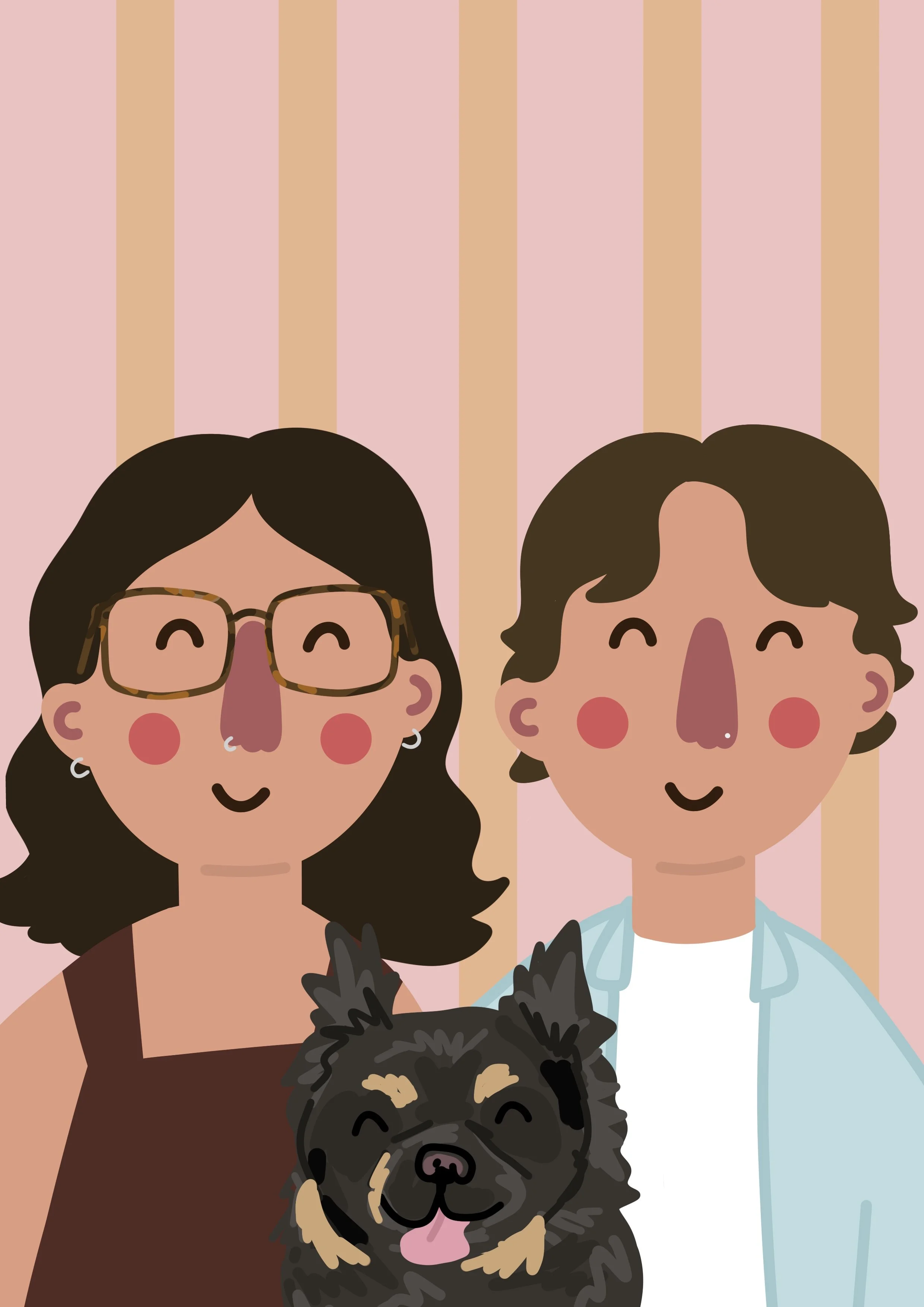 Illustration of three smiling people and a dog with a pink and beige striped background. The first person is a woman with dark hair, glasses, earrings, and a brown top. The second person is a man with curly hair and a light blue shirt. The third pers