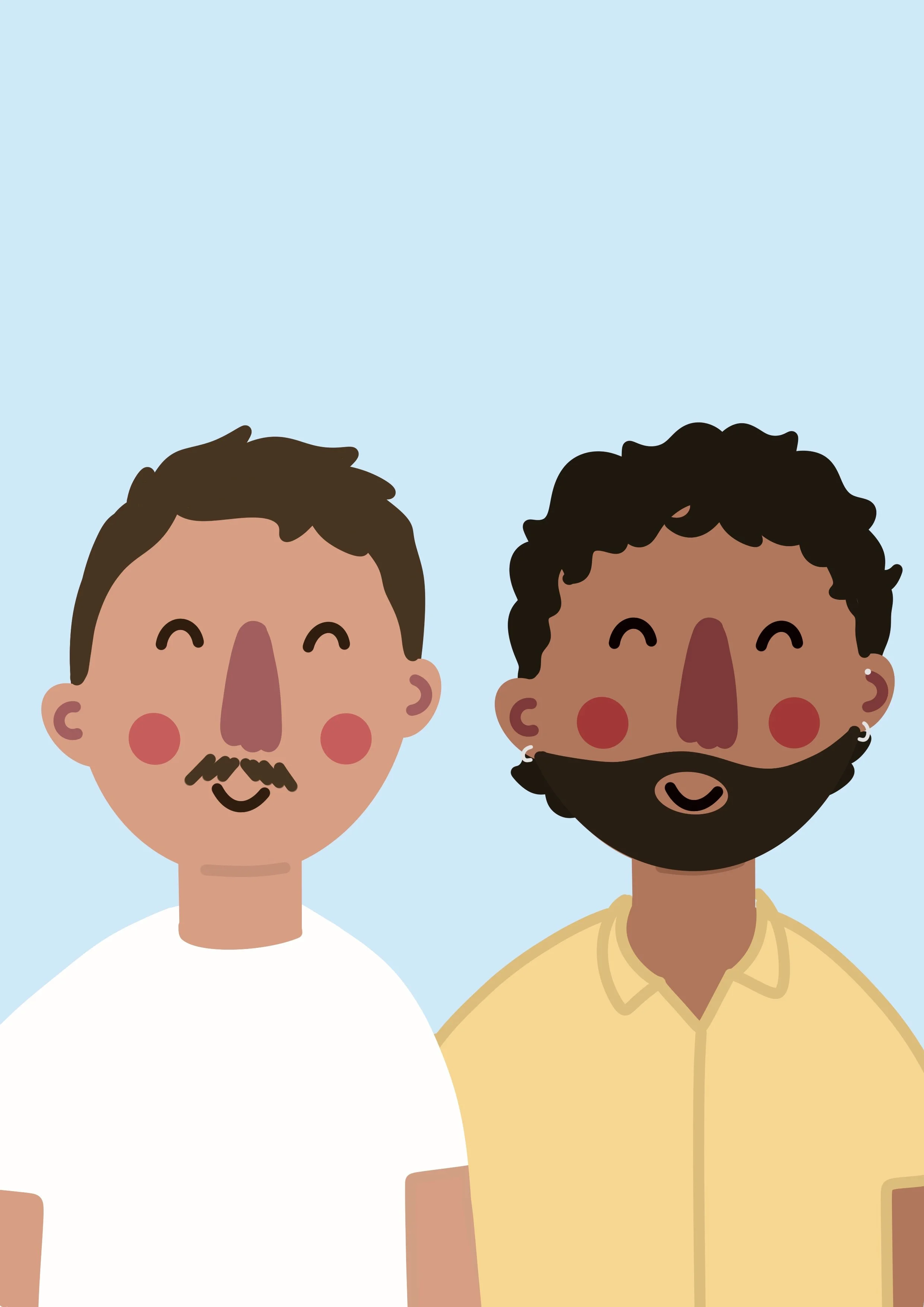Close-up illustration of two smiling men with dark curly and brown hair, light brown and dark brown skin, one has a mustache and the other has a beard, wearing casual shirts, against a light blue background.