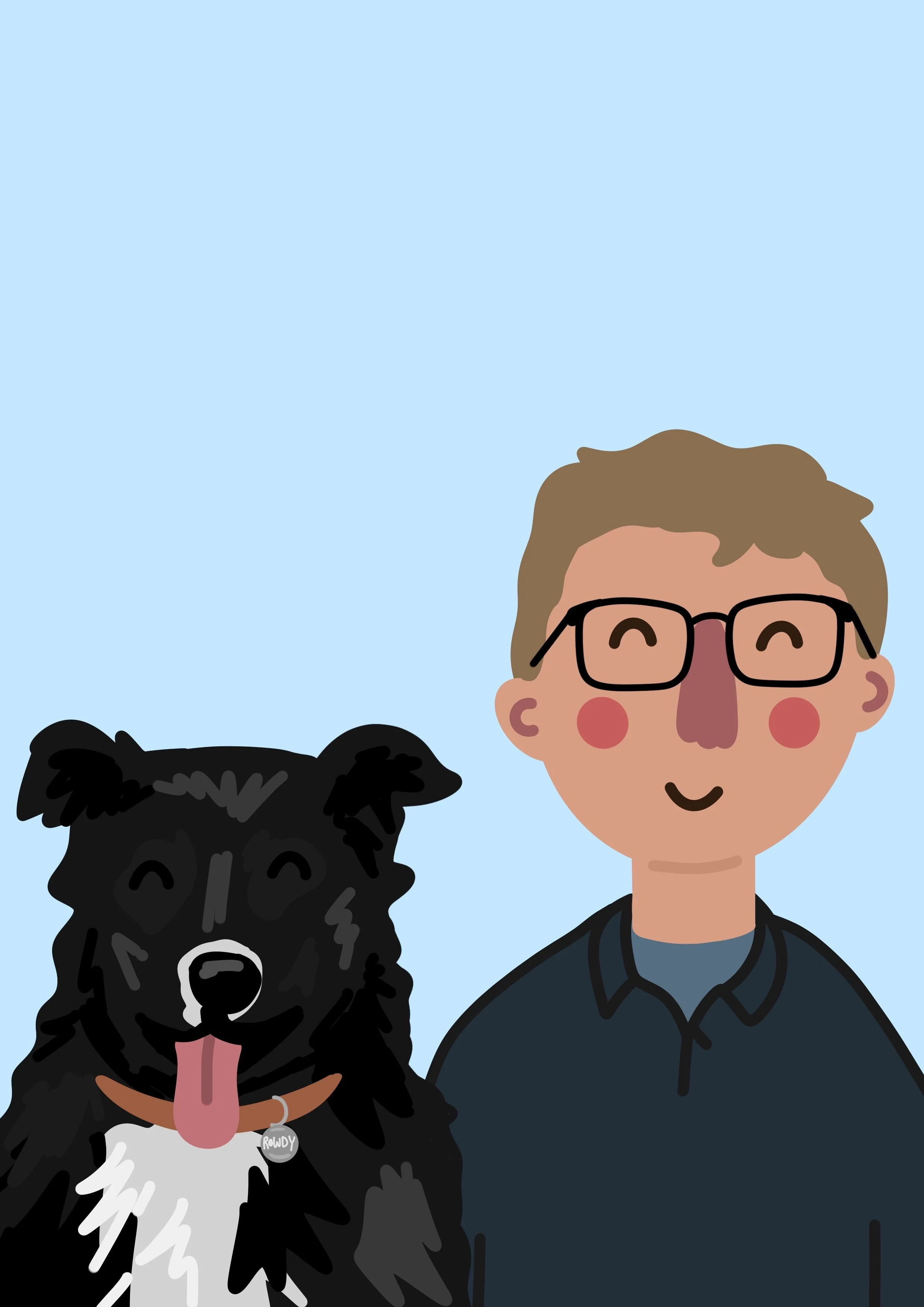A cartoon illustration of a smiling person with light skin, short brown hair, glasses, wearing a dark shirt, standing next to a black dog with curly fur, tongue out, wearing a collar with a name tag reading "Rudy". They are set against a light blue b
