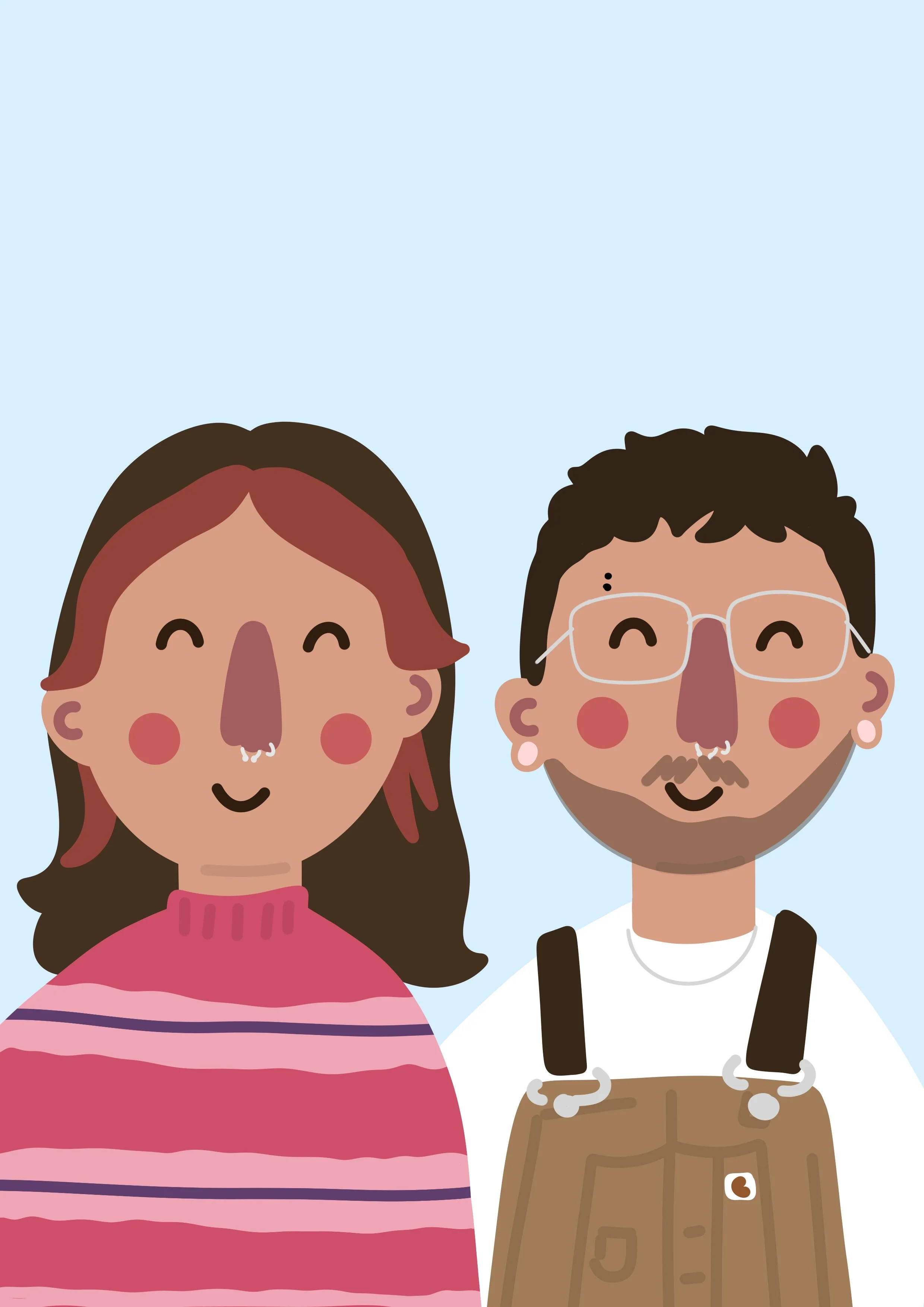 Digital illustration of a smiling woman with brown hair wearing a pink and purple striped sweater, and a smiling man with glasses, dark hair, a beard, earrings, wearing a white shirt and brown overalls together against a light blue background.