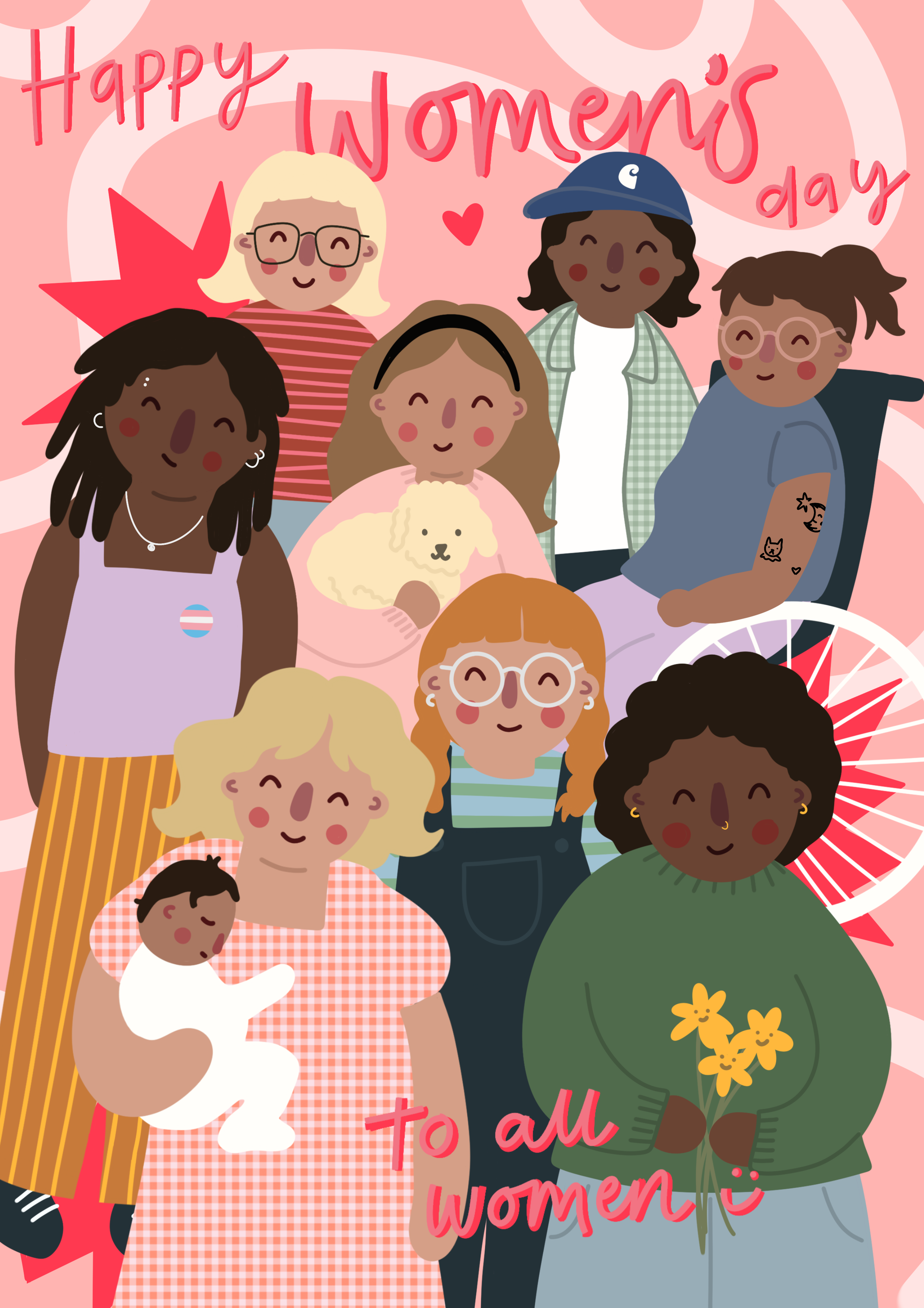 A colorful illustration celebrating Women's Day, featuring diverse women and girls with joyful expressions, holding flowers, pets, and peace signs, with pink and red background and text that says 'Happy Women's Day to all women!'