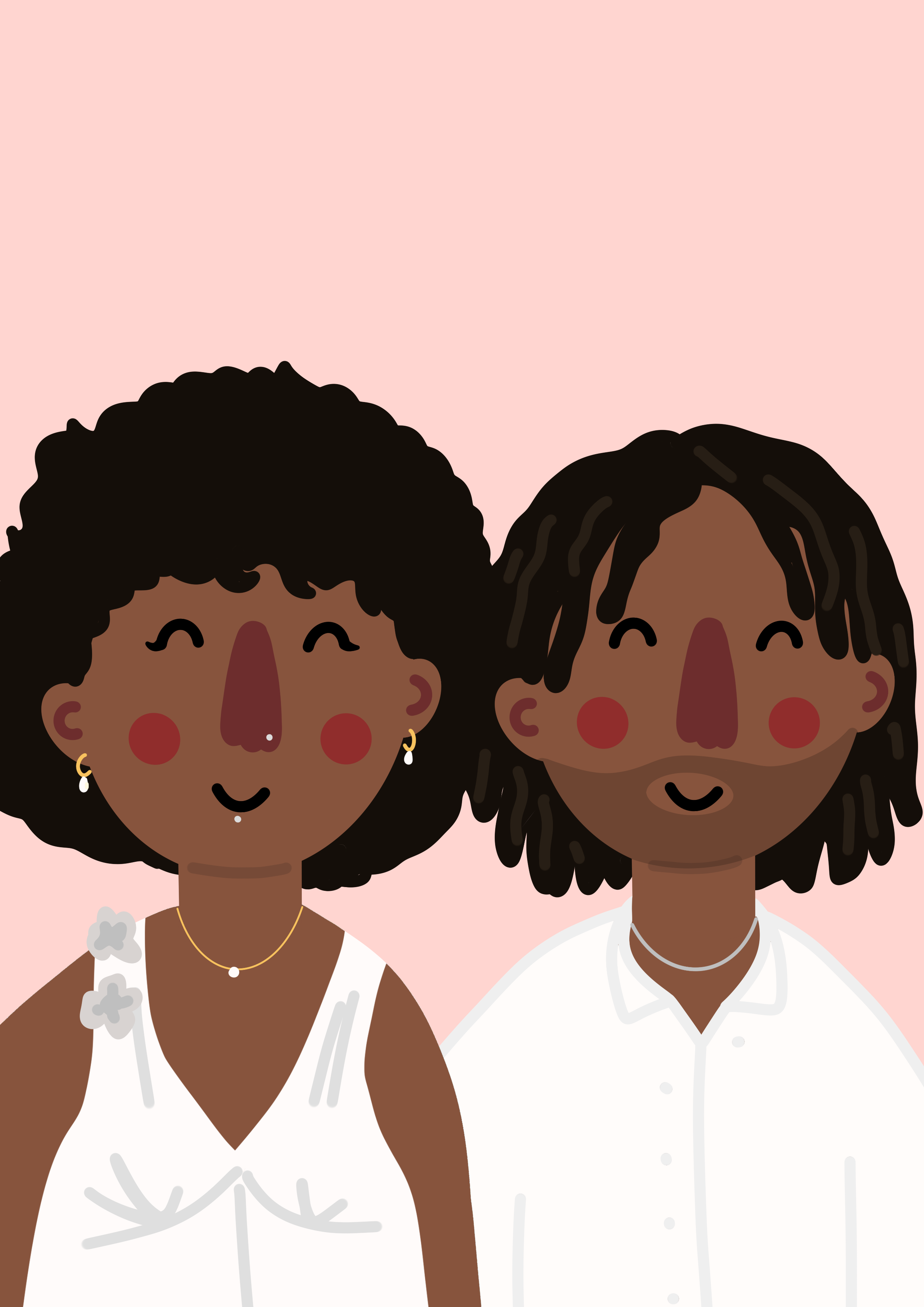Two smiling women with dark skin and curly hair, dressed in white outfits, standing close together against a pink background.