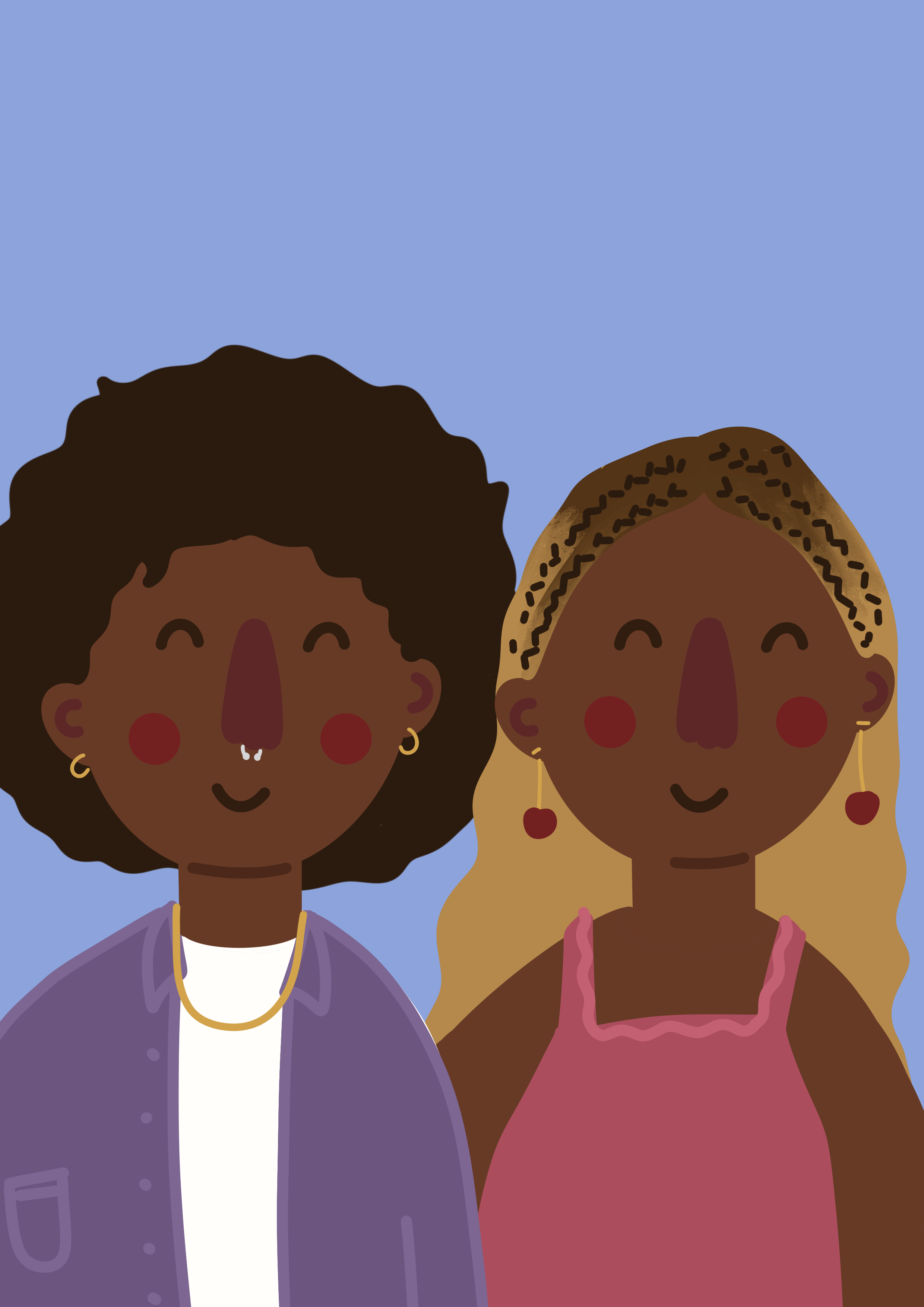Two smiling women with dark skin, one with curly dark hair wearing a purple jacket and white shirt, the other with long blonde hair wearing a red dress with pink straps, standing against a blue background.