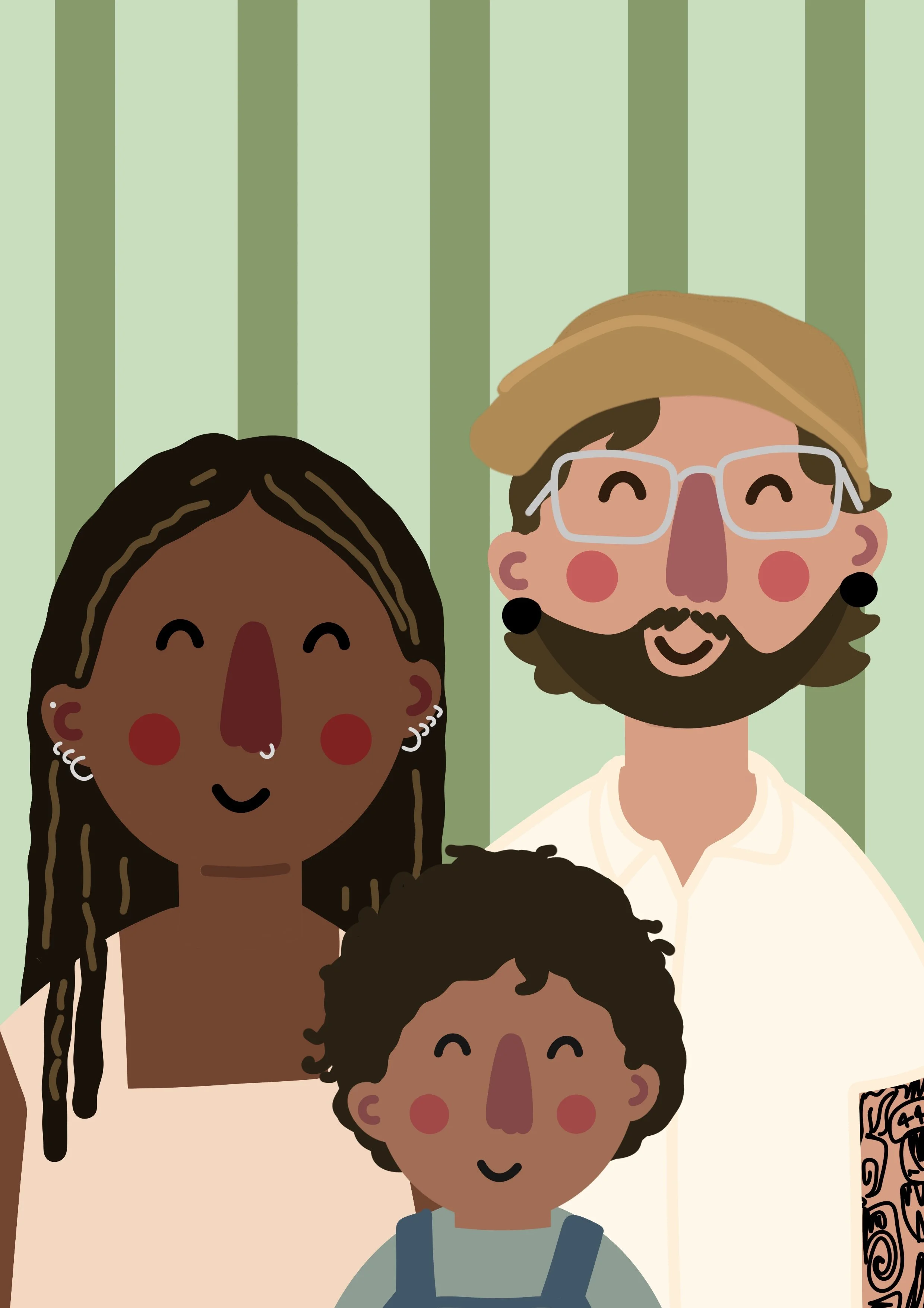 Digital illustration of diverse smiling children and a man with glasses and a hat, in front of a green striped background.