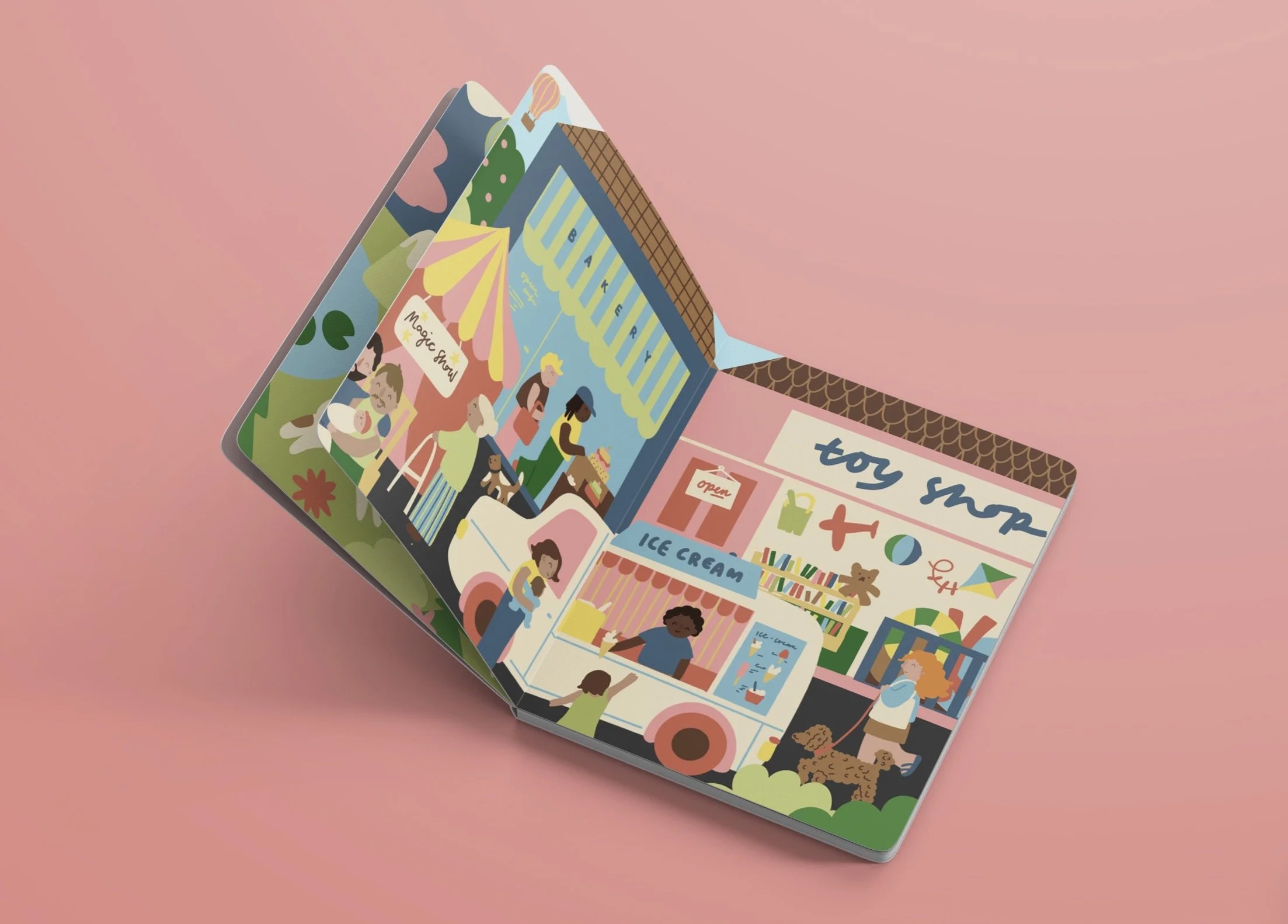 Illustrated open magazine or brochure resembling a food truck on a pink background, showing various colorful illustrations of people, food, and outdoor scenes.