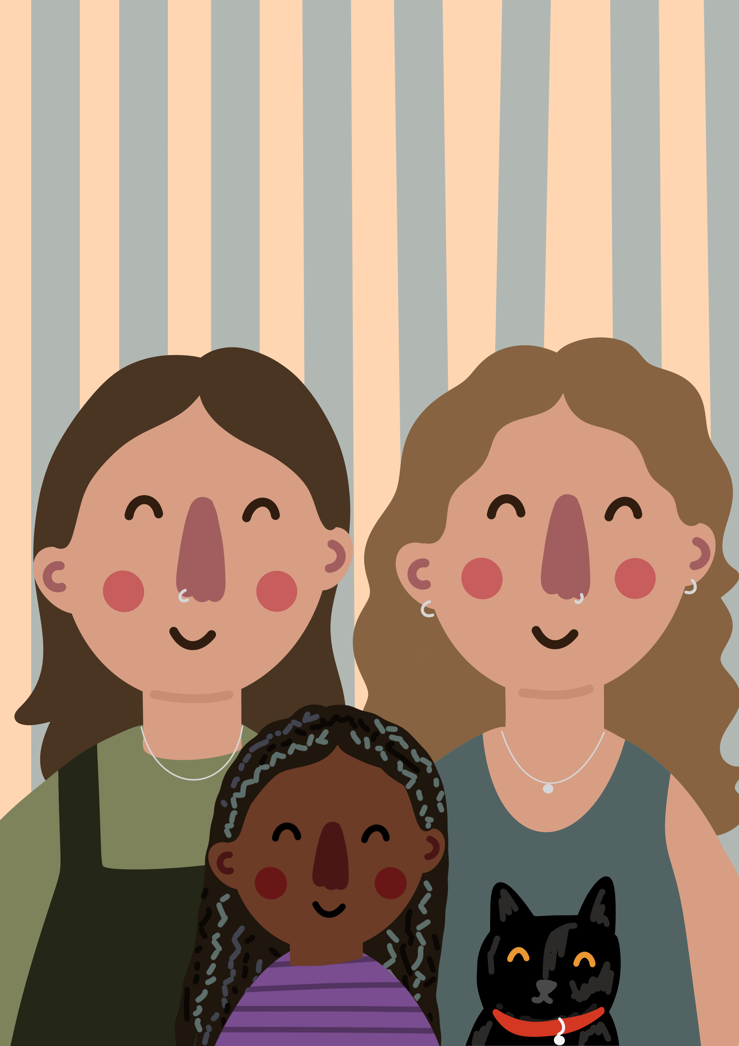 Illustration of multiple diverse women with different hairstyles, skin tones, and clothing, standing together against a striped background, smiling and showing unity.