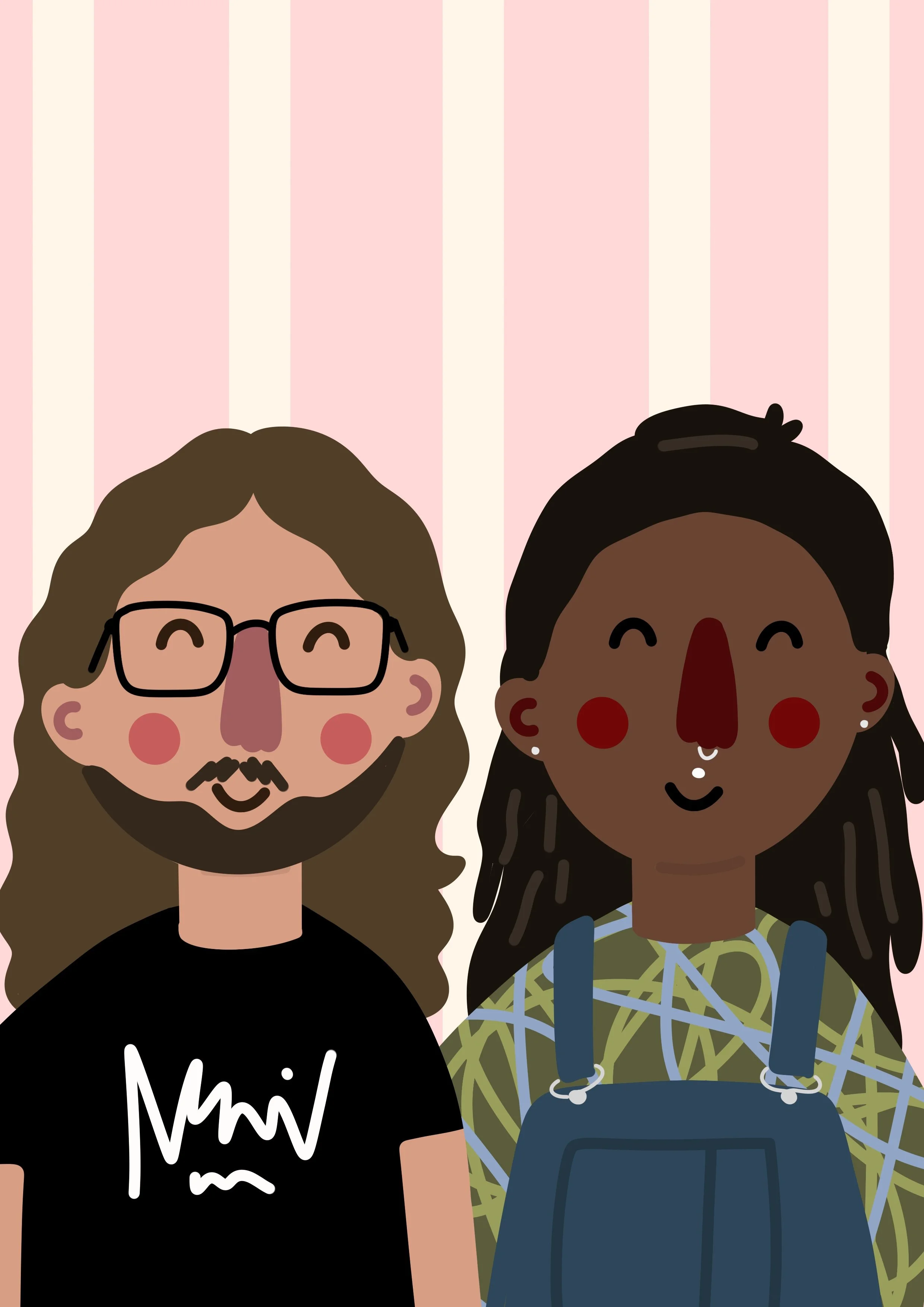Two cartoon women smiling, one with glasses and the other with dark skin and curly hair, against a pastel pink and cream striped background.
