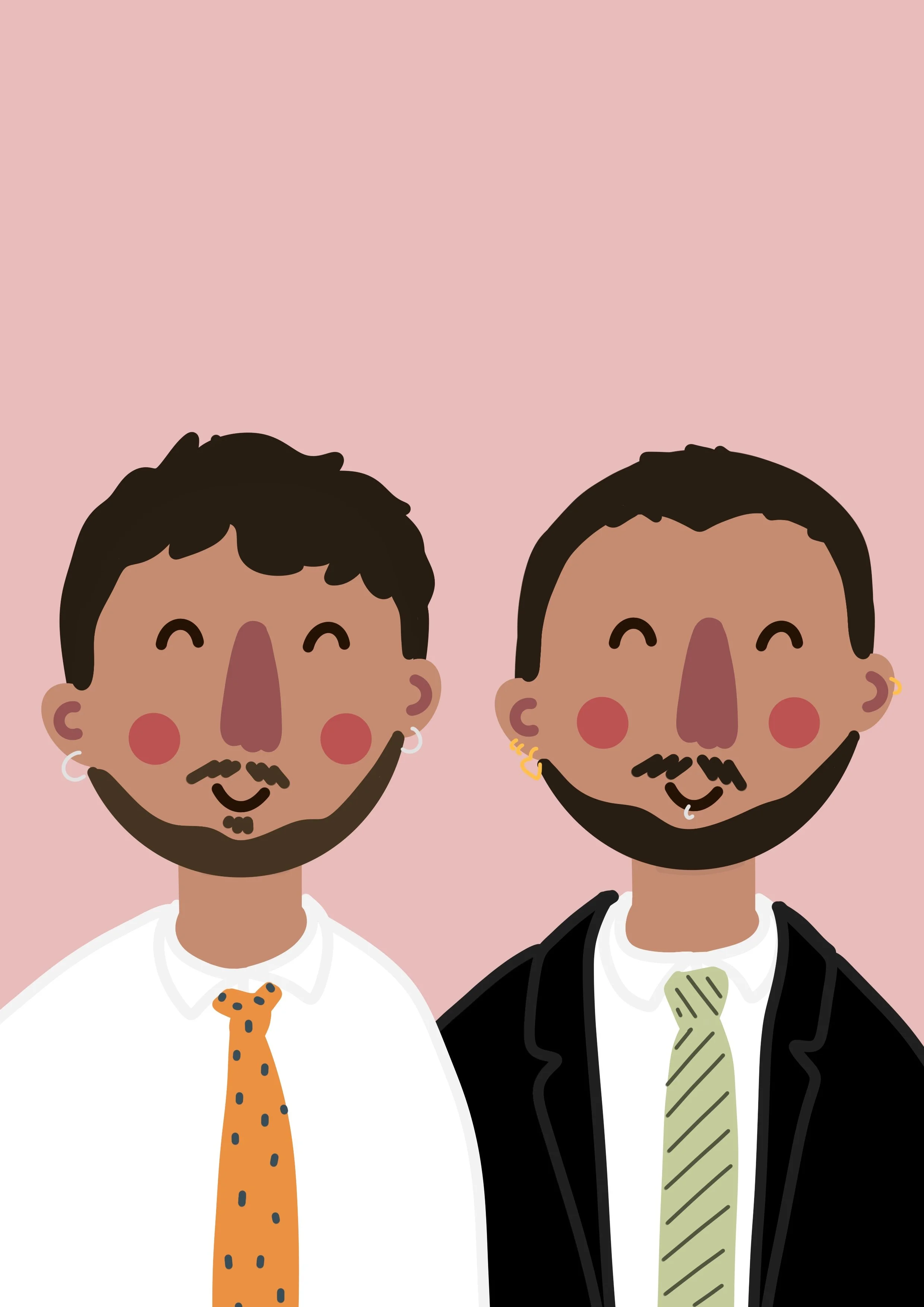 Digital illustration of two smiling men with dark hair and beards, dressed in business attire against a pink background.
