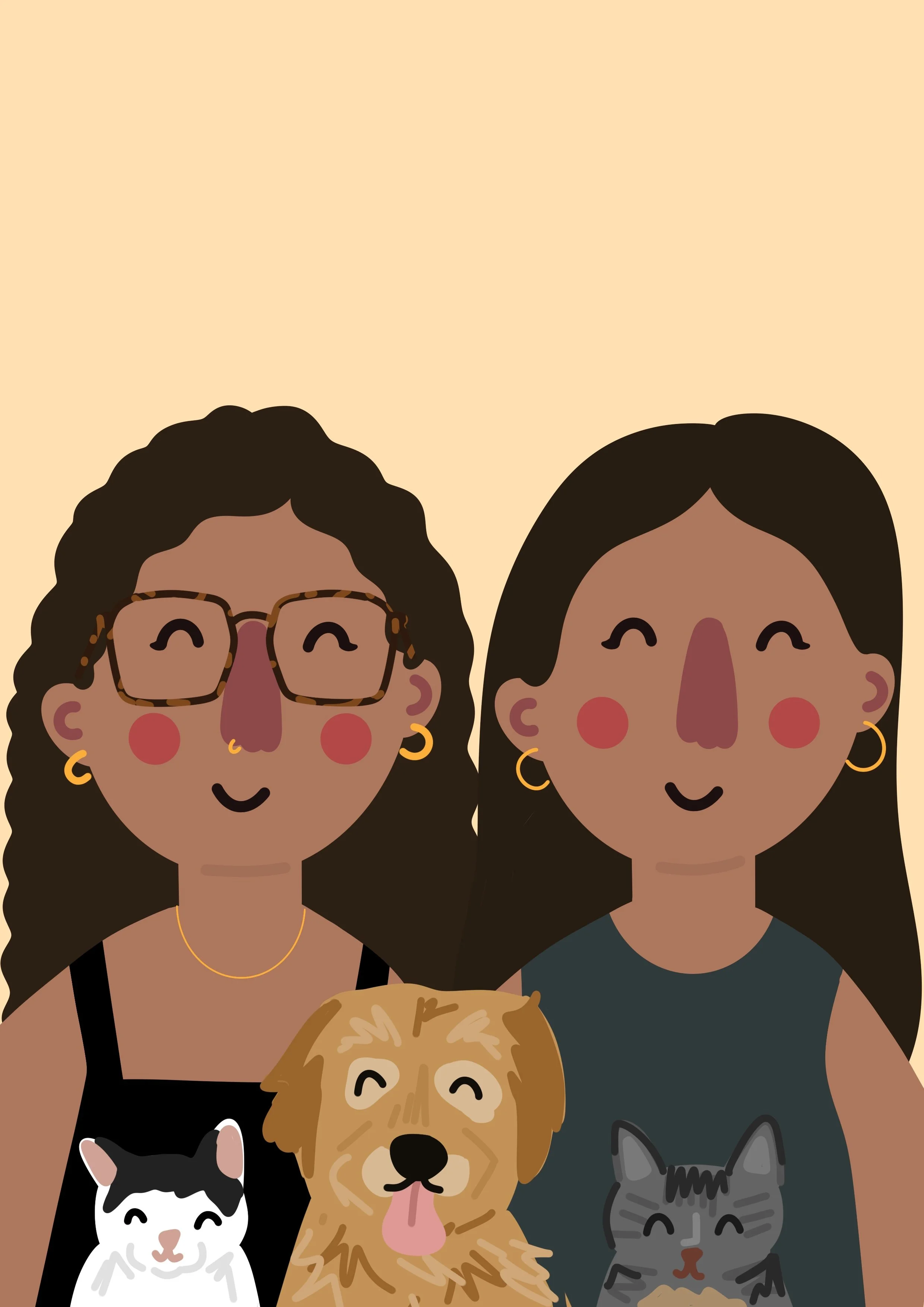 A digital illustration of two women with dark hair, one with glasses and hoop earrings, and the other with earrings, both smiling. They are surrounded by three pets: a black and white cat, a golden retriever with tongue out, and a gray cat. A small d
