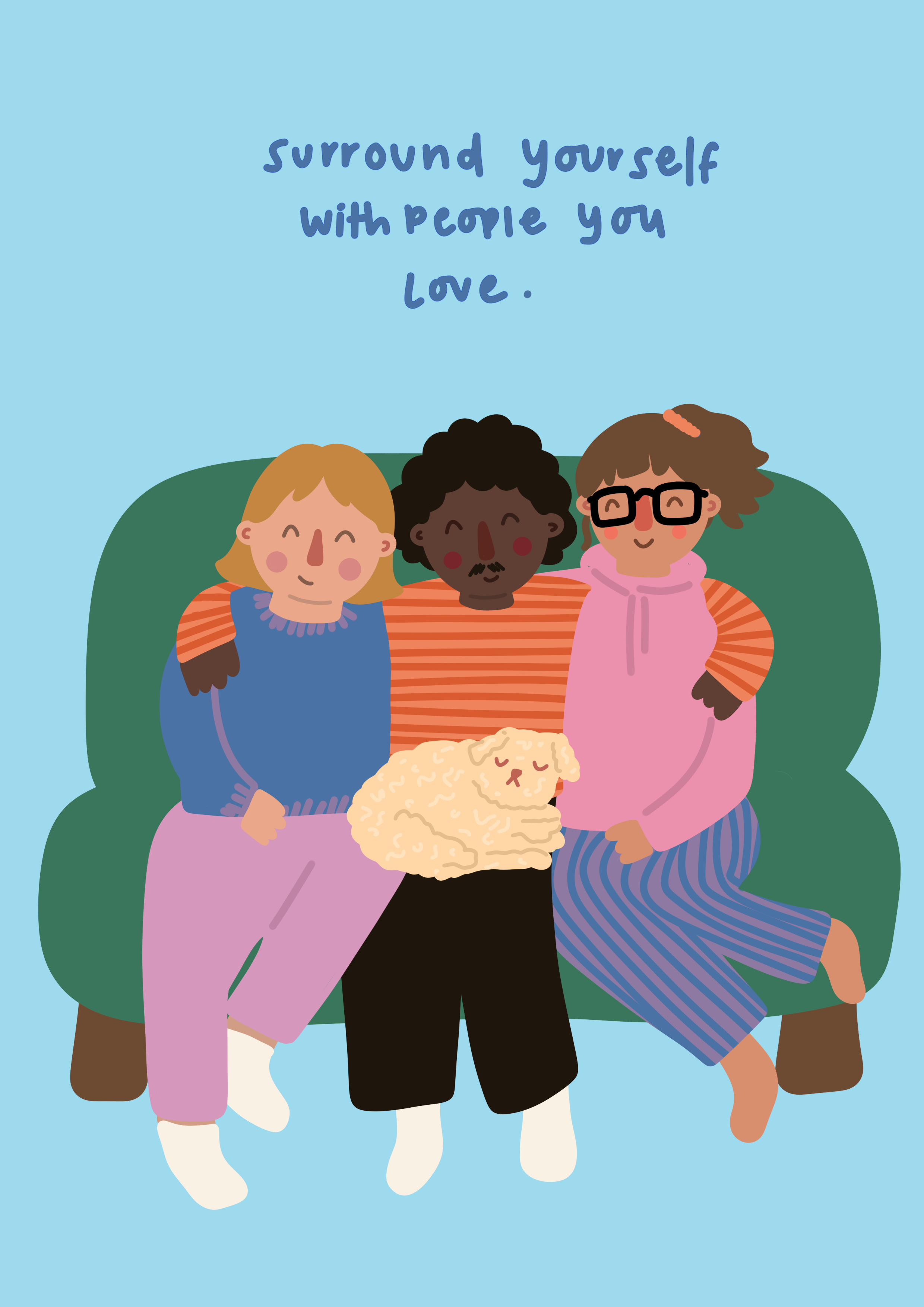 Four children sitting closely on a green couch with a beige dog in front of them. All children are smiling. The background is light blue with the phrase 'Surround yourself with people you love' written across the top.