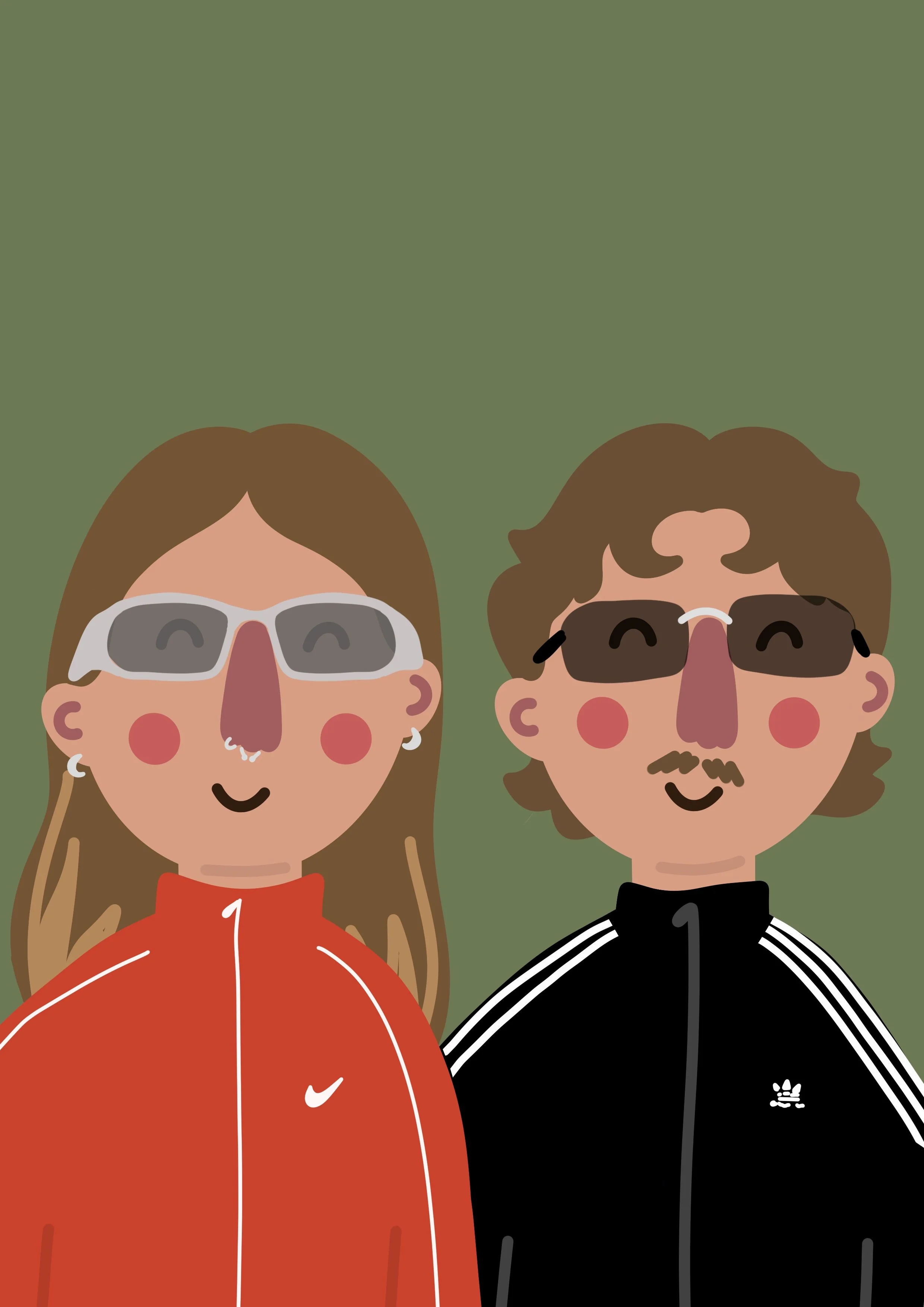 Digital illustration of a smiling woman with long hair wearing sunglasses and a red Nike sports jacket, and a smiling man with medium-length hair, mustache, beard, wearing sunglasses, and a black adidas jacket, against a green background.