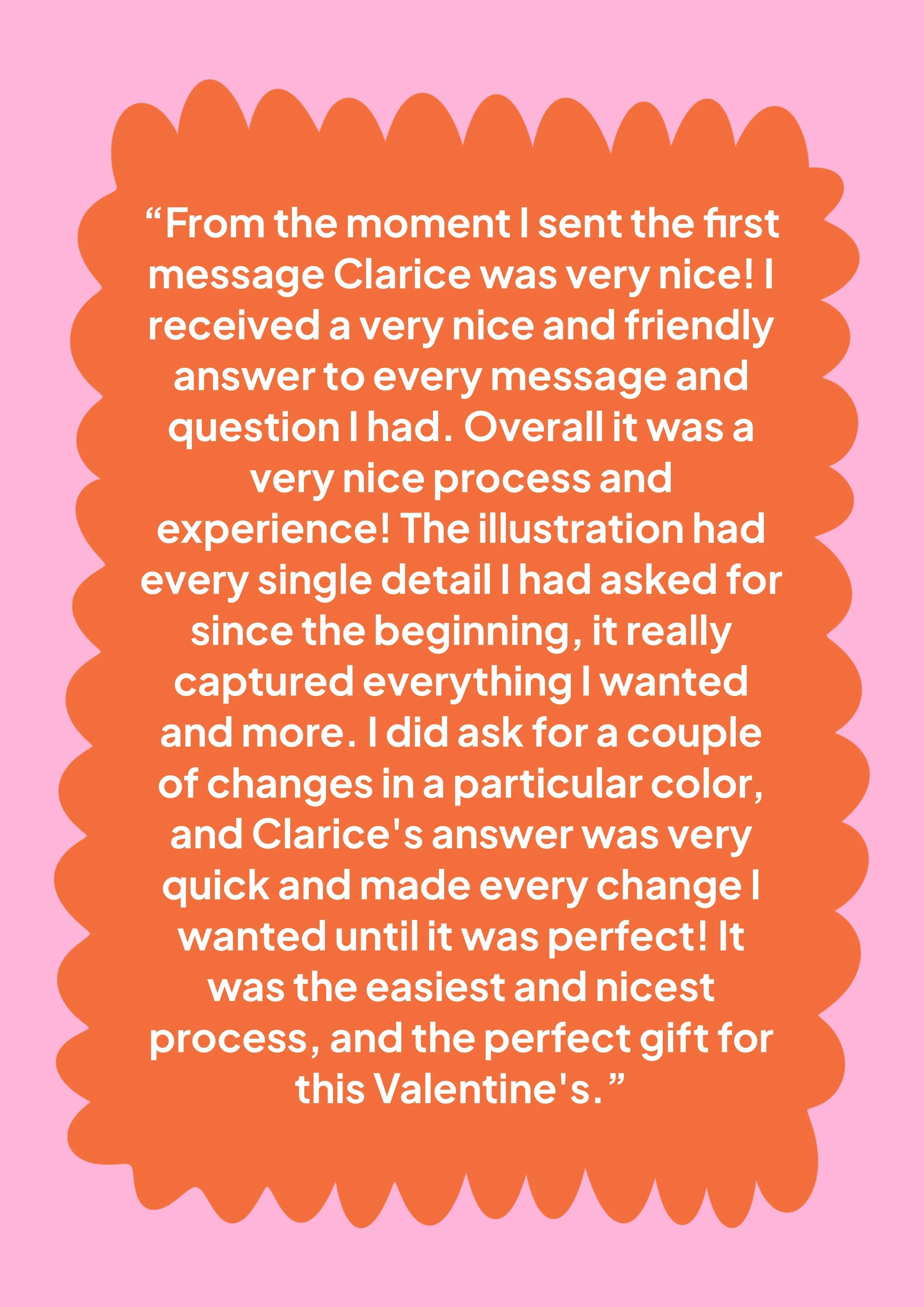 Customer review in a speech bubble with a pink background and orange border.