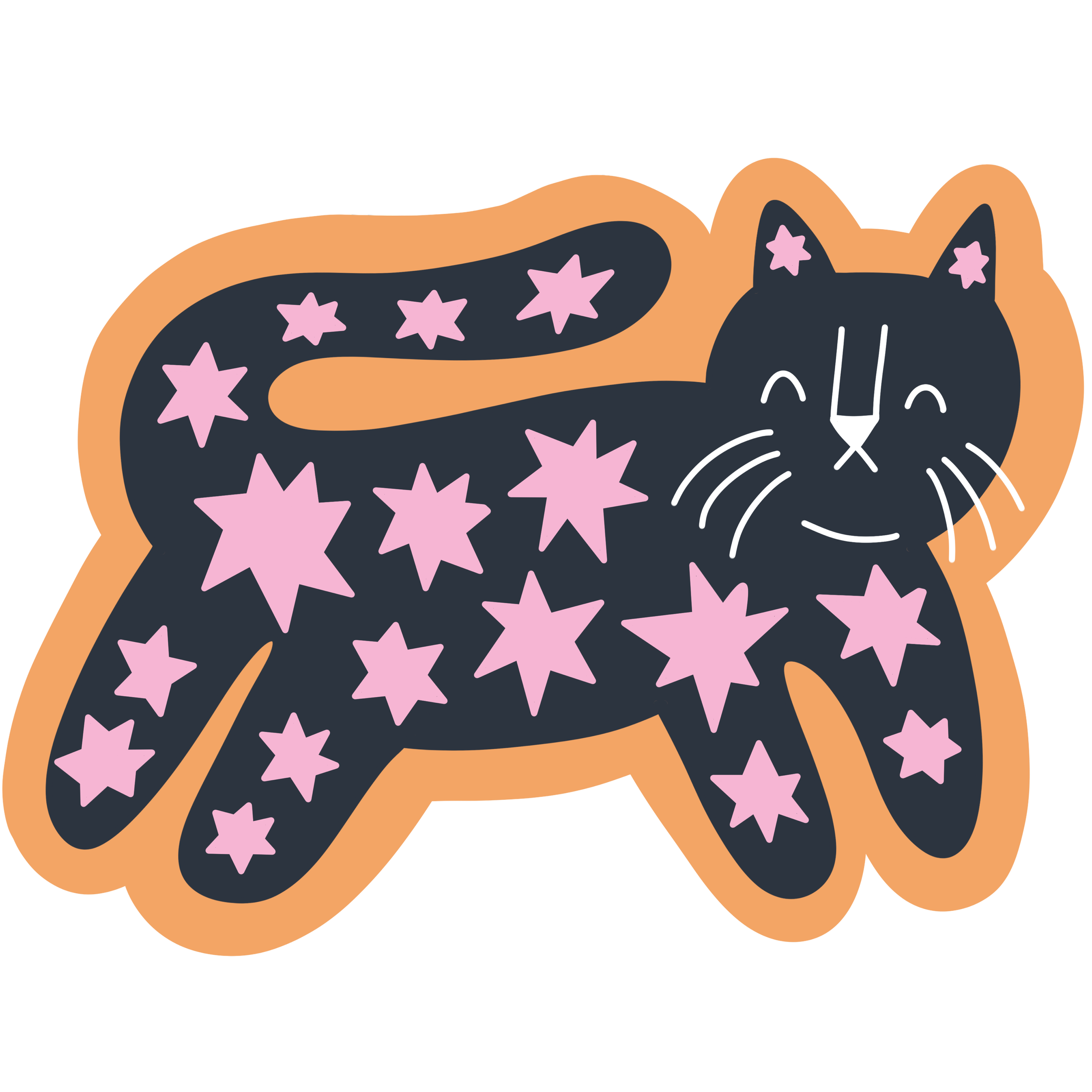 An illustration of a black cat's face with pink star-shaped eyes, surrounded by pink stars and patterns, with a peach-colored background.
