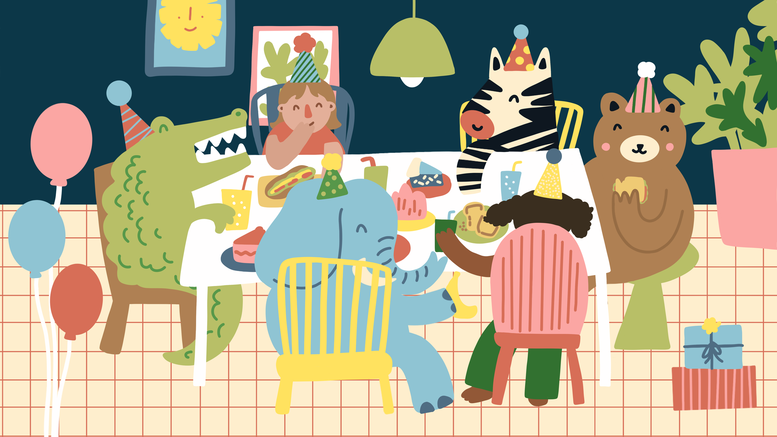A colorful cartoon birthday party scene with animals and a child. The baby elephant, crocodile, zebra, bear, and another animal are wearing party hats. The child is sitting at the table with food and drinks, and everyone is celebrating in front of a 