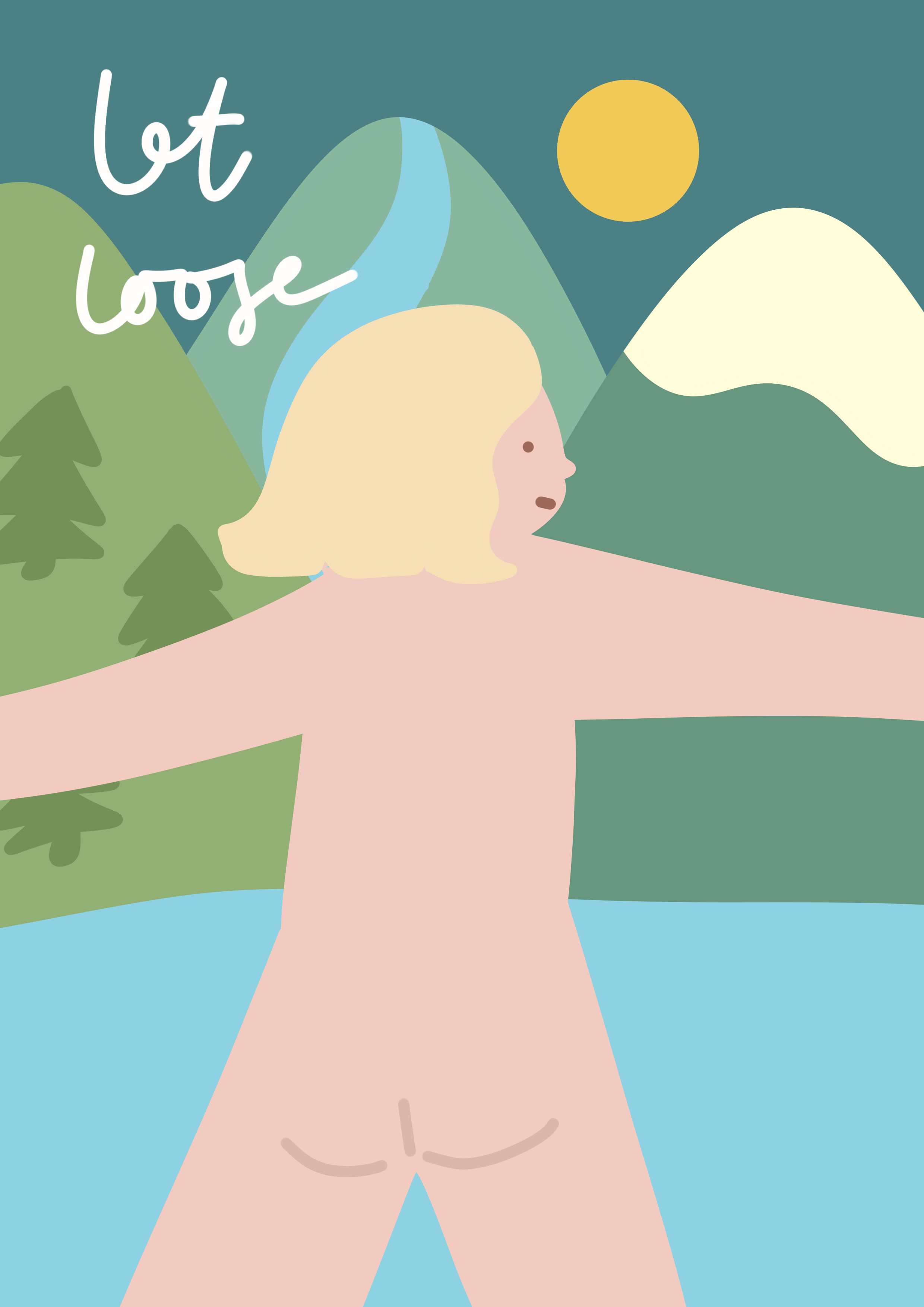 A simple illustrated landscape scene with a nude human figure, mountains in green and white, evergreen trees, a river, a yellow sun, and the words 'let loose' written in white cursive font.