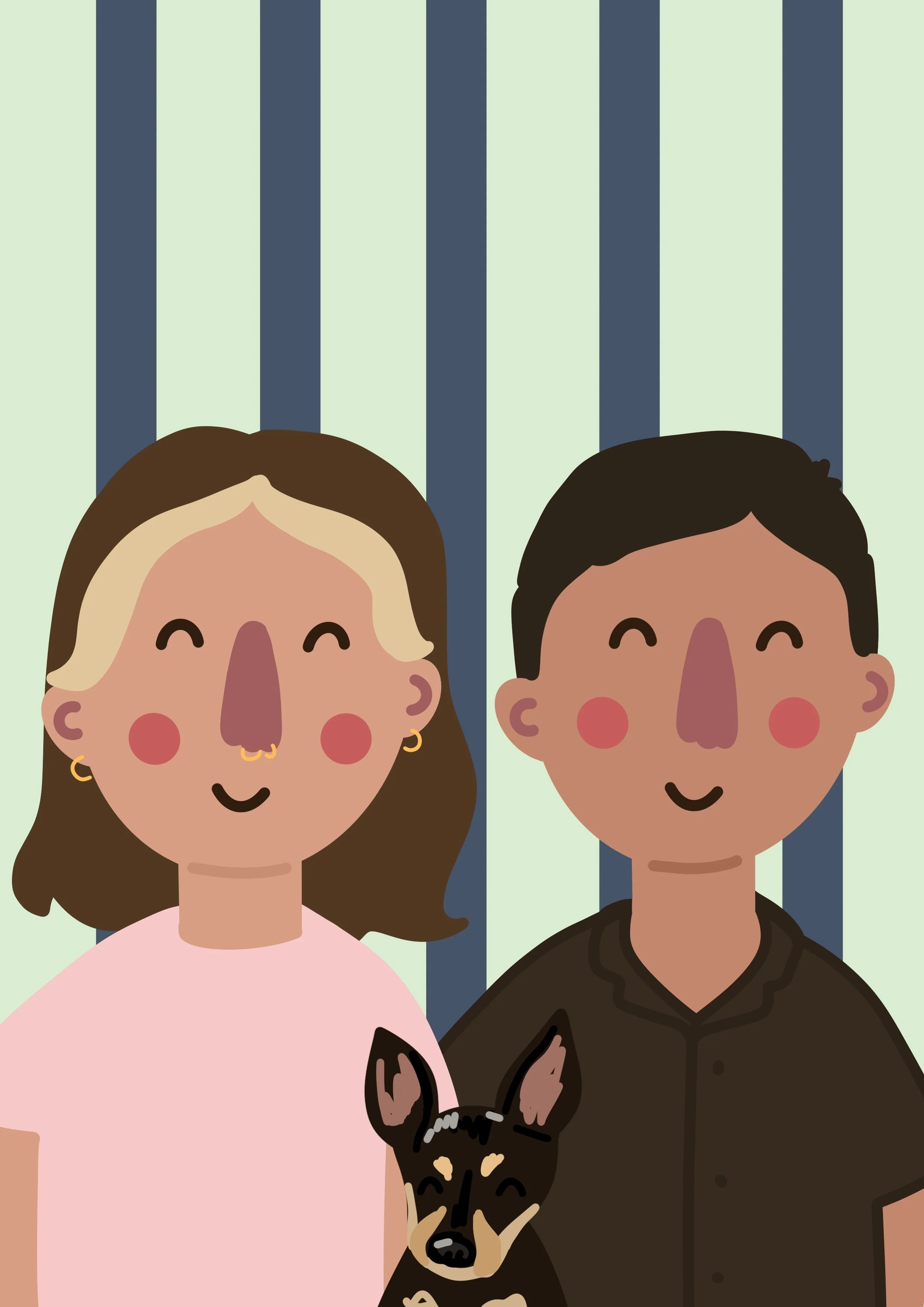 Two illustrated people, a woman with brown hair and earrings wearing a pink shirt and a man with dark hair in a black shirt, are smiling and standing next to a black and tan dog, all set against a background of vertical blue and green stripes.