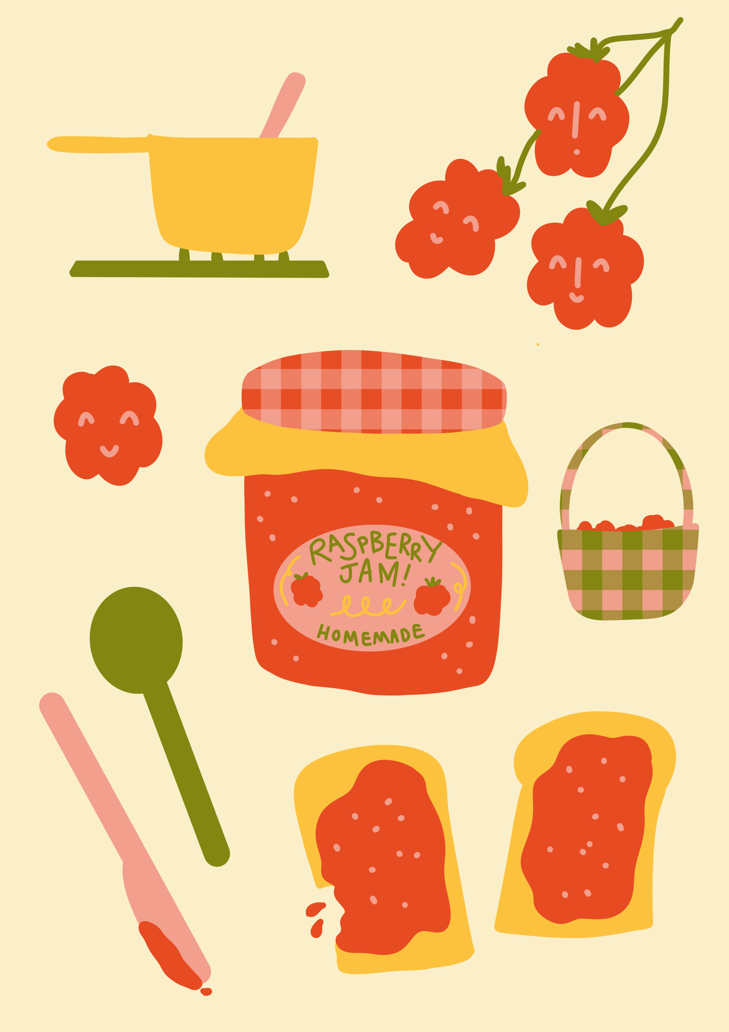 Illustration of raspberries, a jar of raspberry jam, a basket of raspberries, and some snacks on a light yellow background.