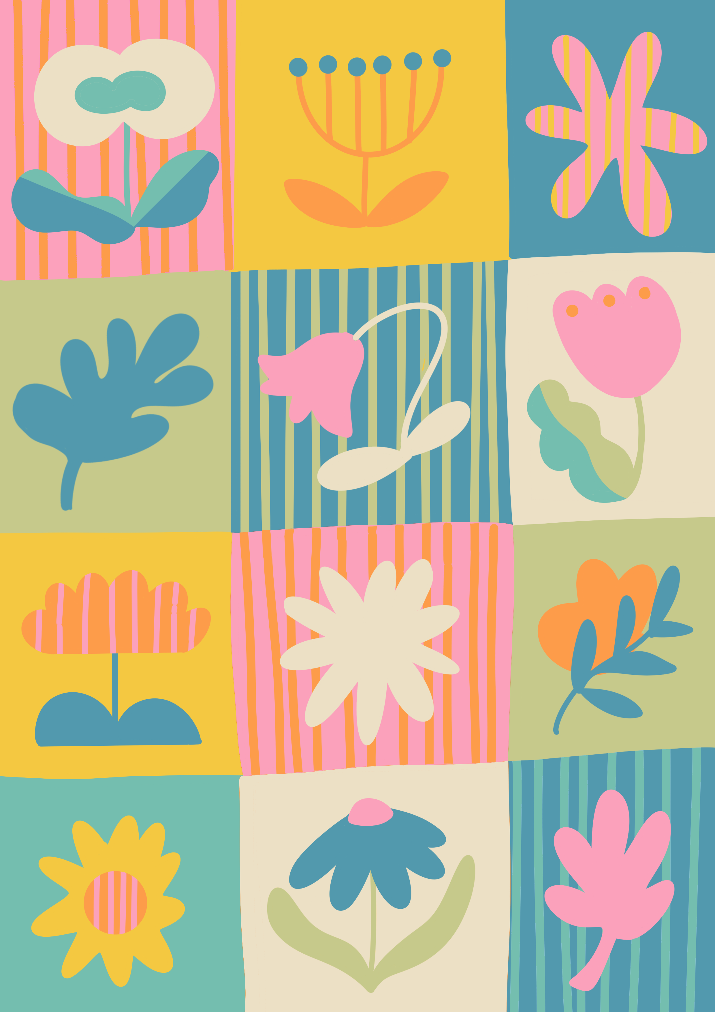 A colorful patchwork quilt featuring various stylized flower and plant motifs in pastel and muted colors, with a striped and solid background.