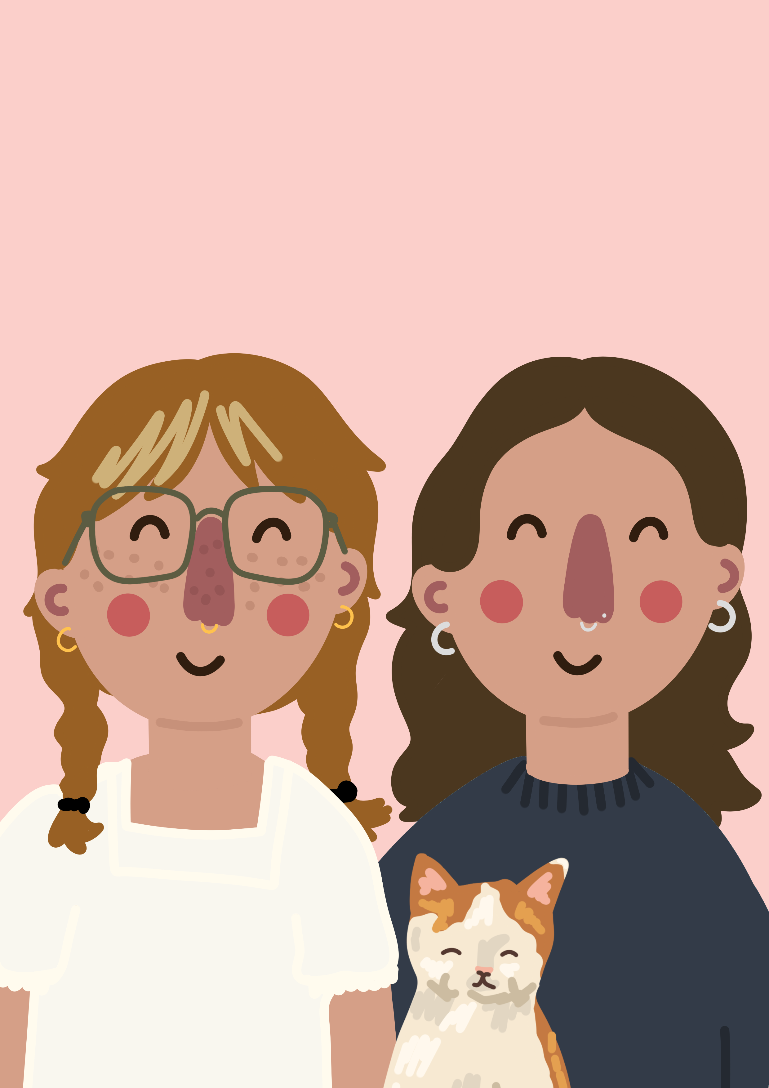 Two women and a dog, all smiling and facing forward, against a pink background. One woman has brown hair and wears glasses, the other has dark hair and is dressed in dark clothing. The dog is a small, fluffy, light-colored breed with its eyes closed.