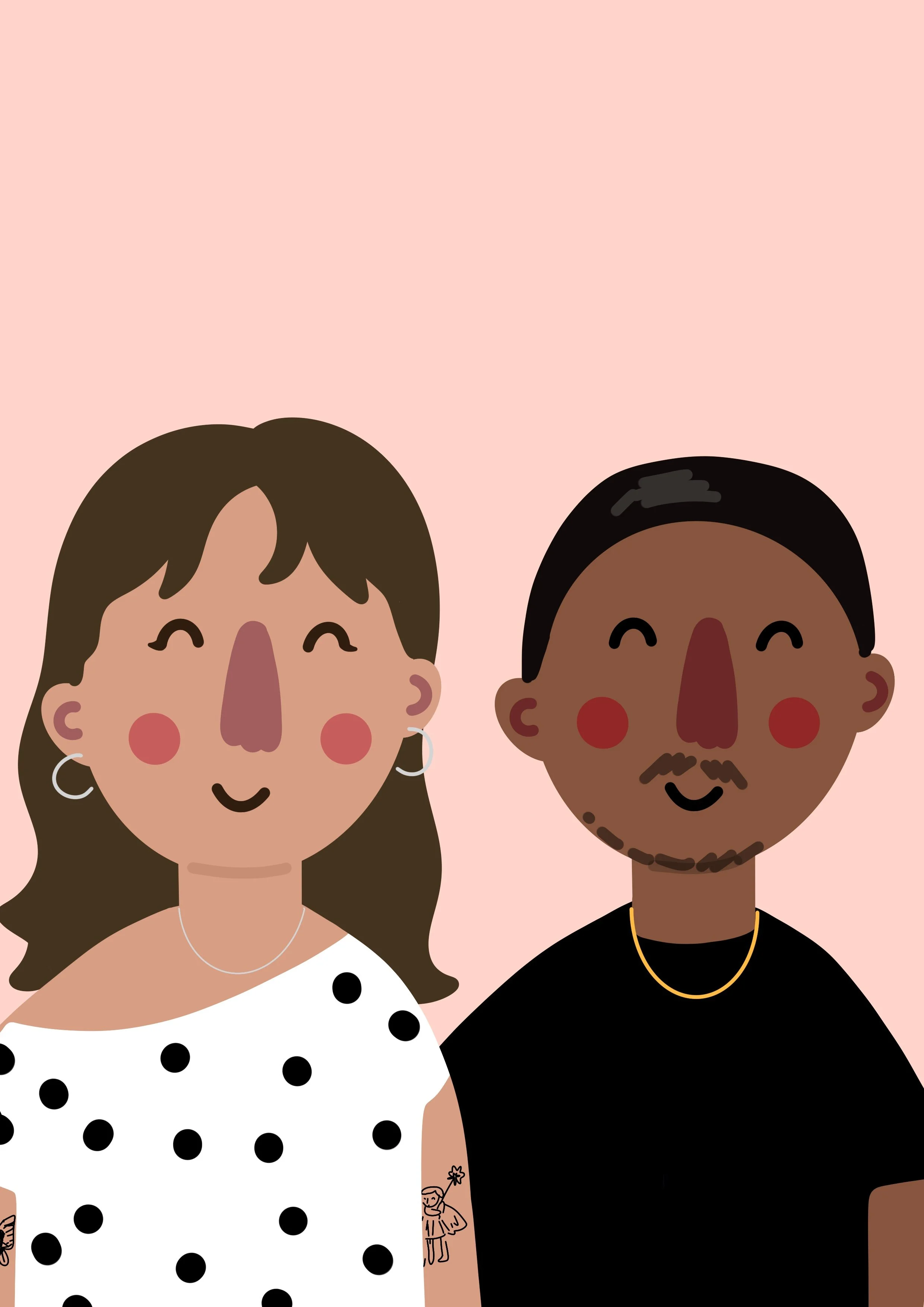 Illustration of a smiling woman with long brown hair, earrings, and a necklace, wearing a white dress with black polka dots, and a smiling man with short black hair, a beard, a gold chain, and black shirt, against a pink background.