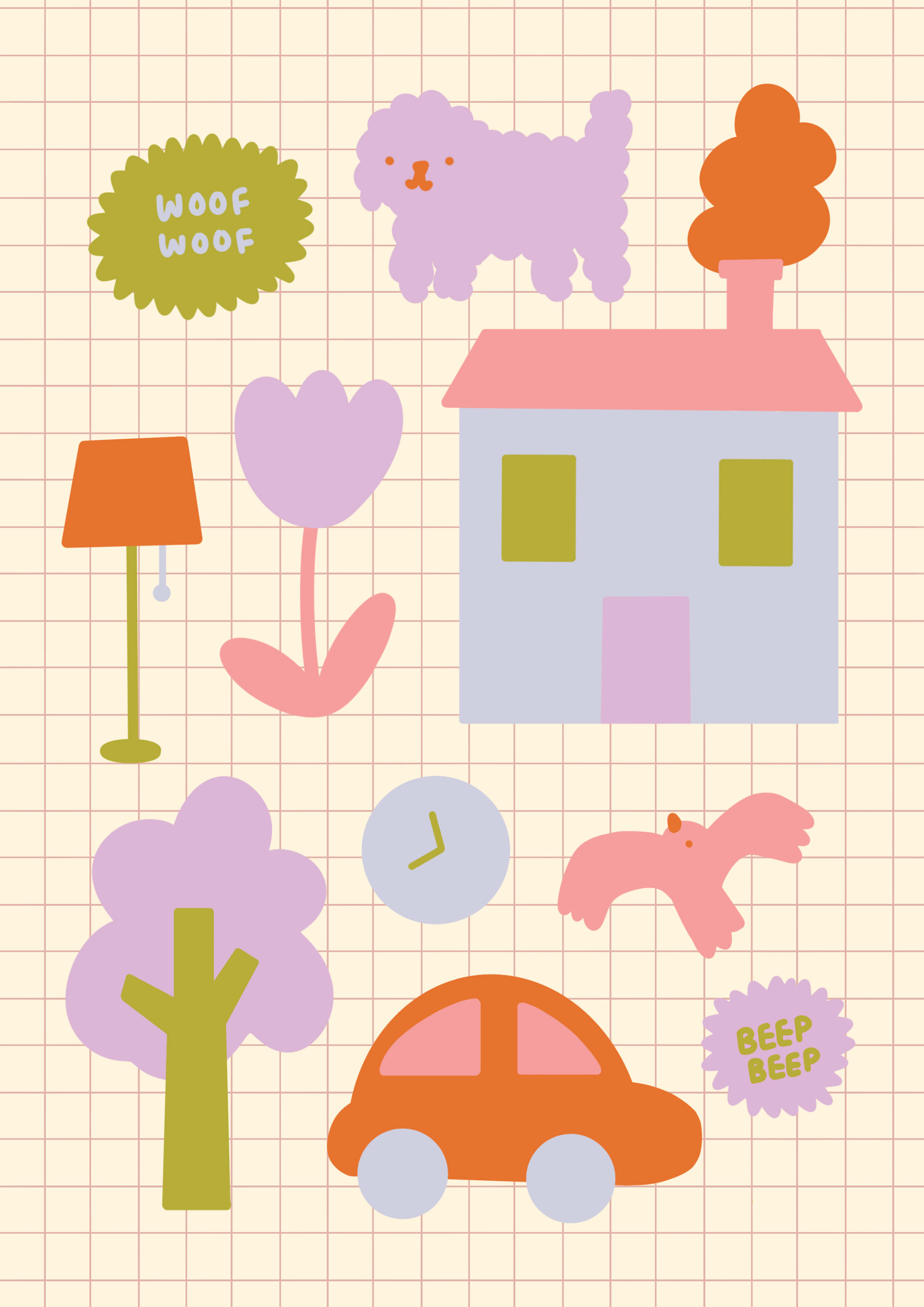 Colorful cartoon illustration featuring a purple house with a red roof and green windows, a pink tree, an orange car, a pink butterfly, purple trees, a pig with a peace sign, a clock showing 3 o'clock, a bunny with ears, a purple cloud with "woof woo