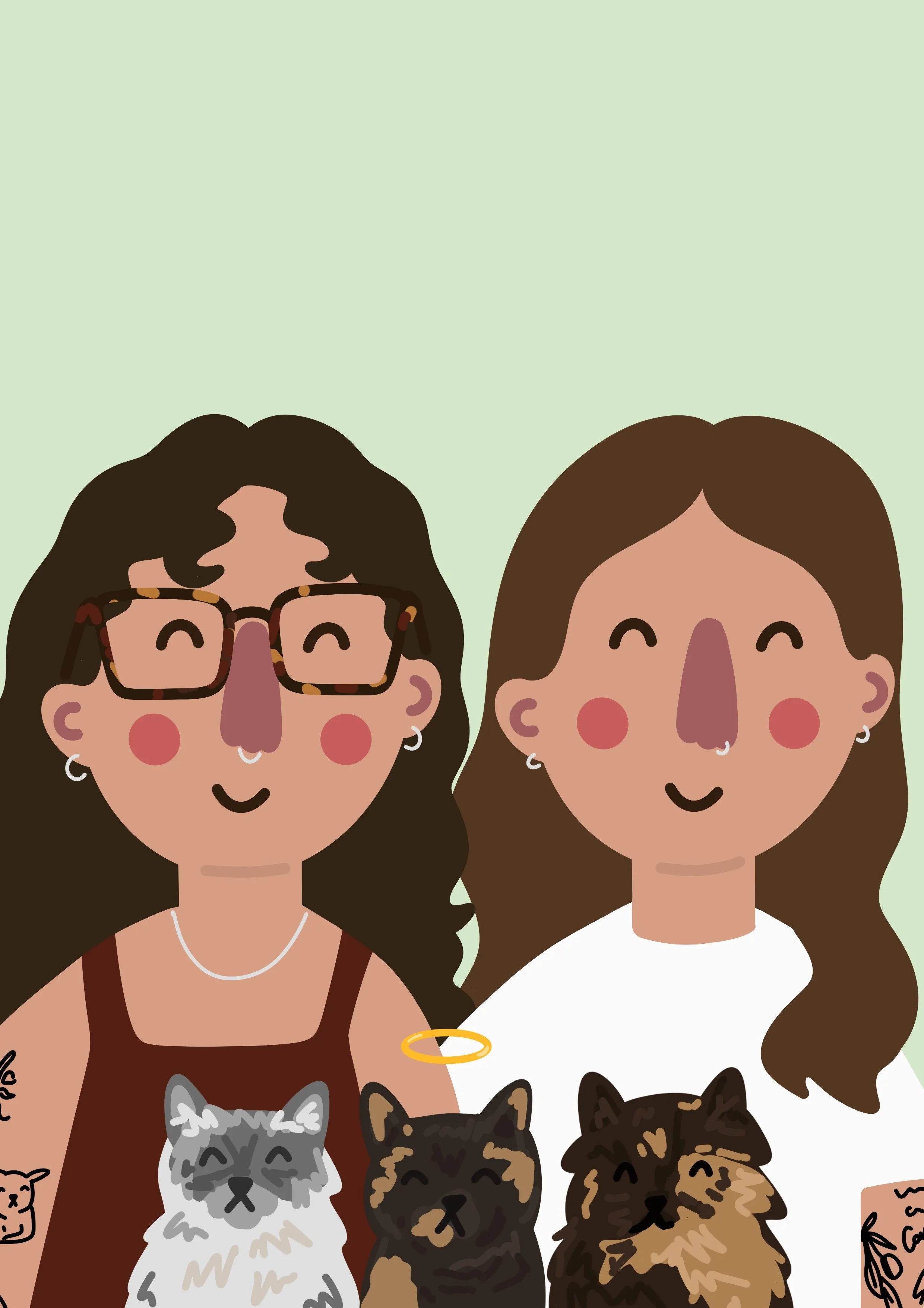 Two smiling women with brown hair and earrings, one wearing glasses, pose with three dogs and cats against a light green background.