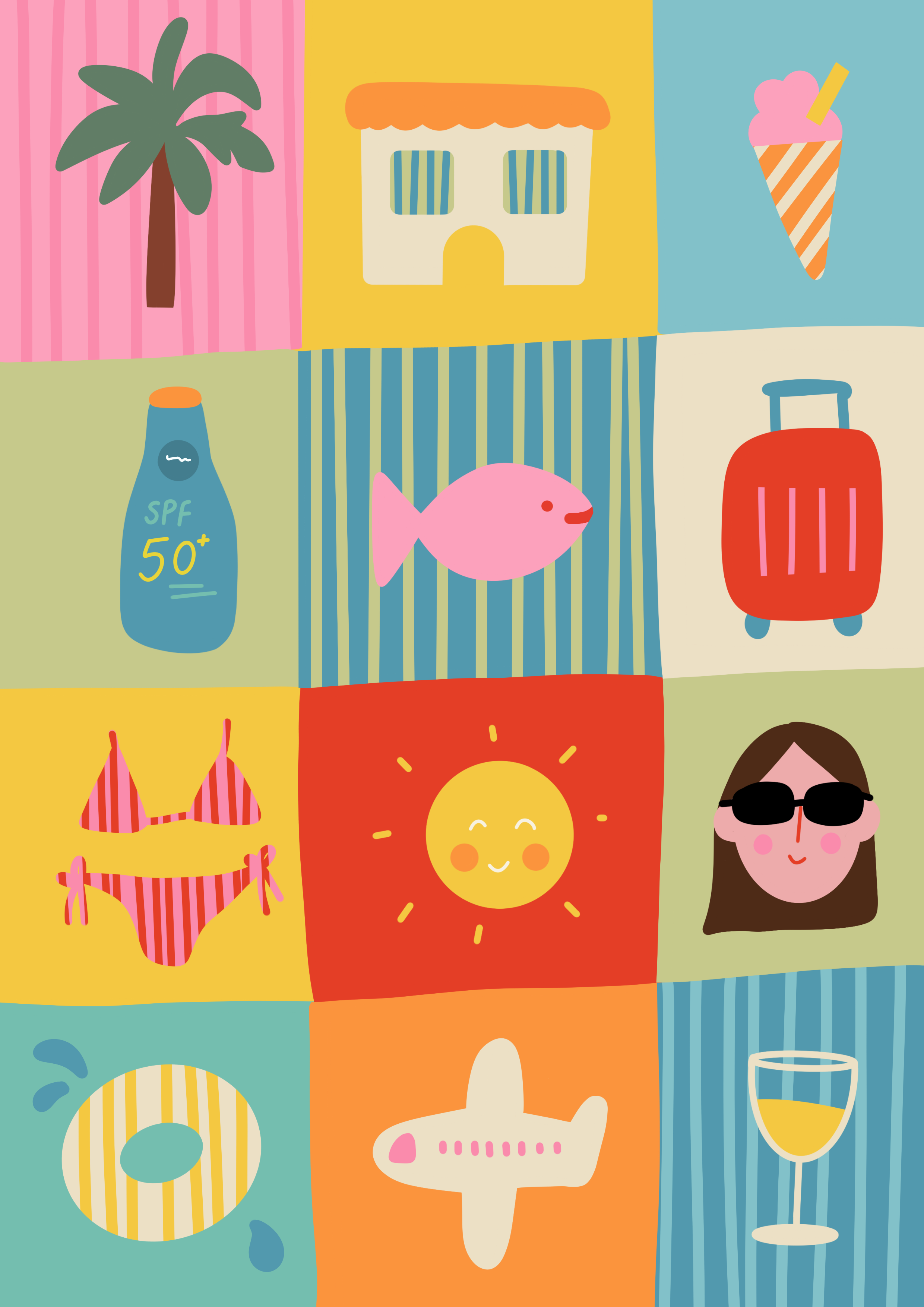 A colorful collage of summer and vacation-themed illustrations, including a pink beach umbrella, palm tree, house, ice cream cone, sunscreen lotion with SPF 50+, pink fish, red suitcase, striped bikini, sun with a smiling face, a person wearing sungl