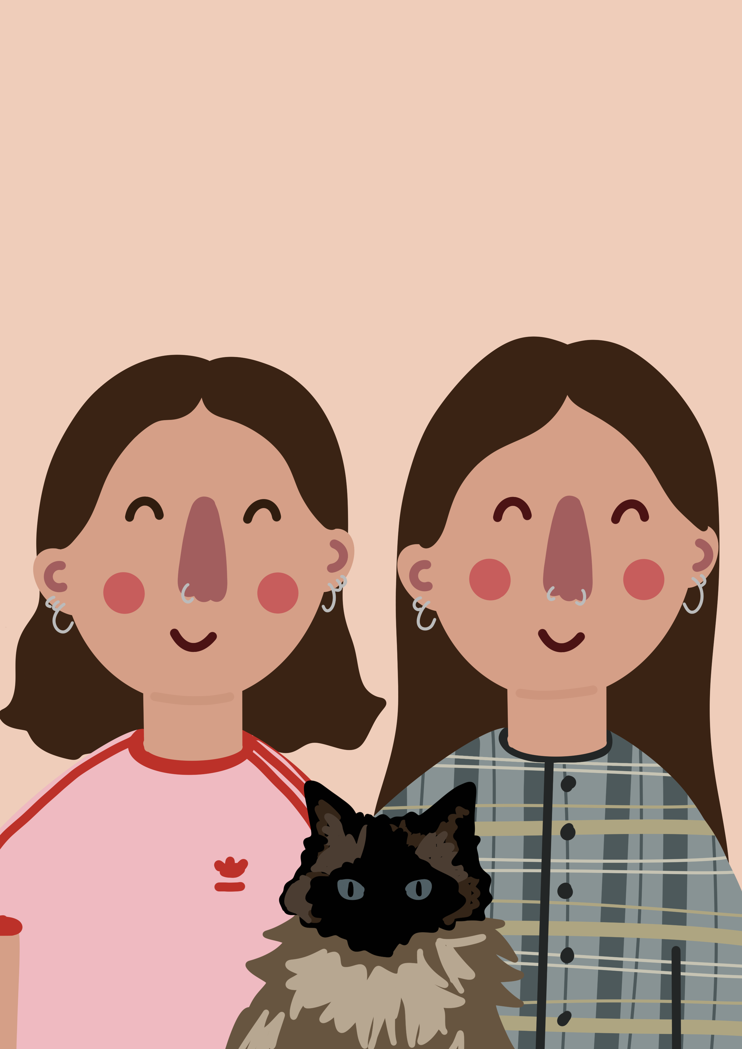 Two smiling women with dark hair, wearing earrings, one in a pink shirt and the other in a checkered shirt, with a black cat with bright blue eyes and fluffy fur between them. The background is a light, neutral color.