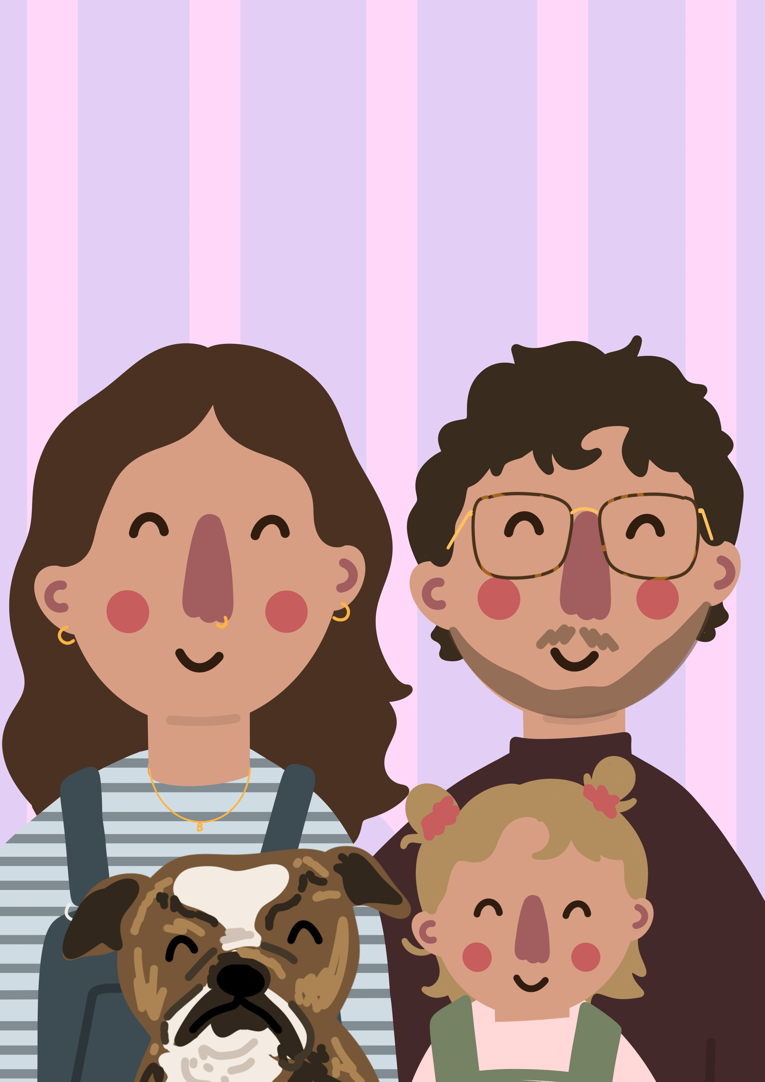 A digital illustration of seven happy people and a dog standing against a purple and pink striped background.