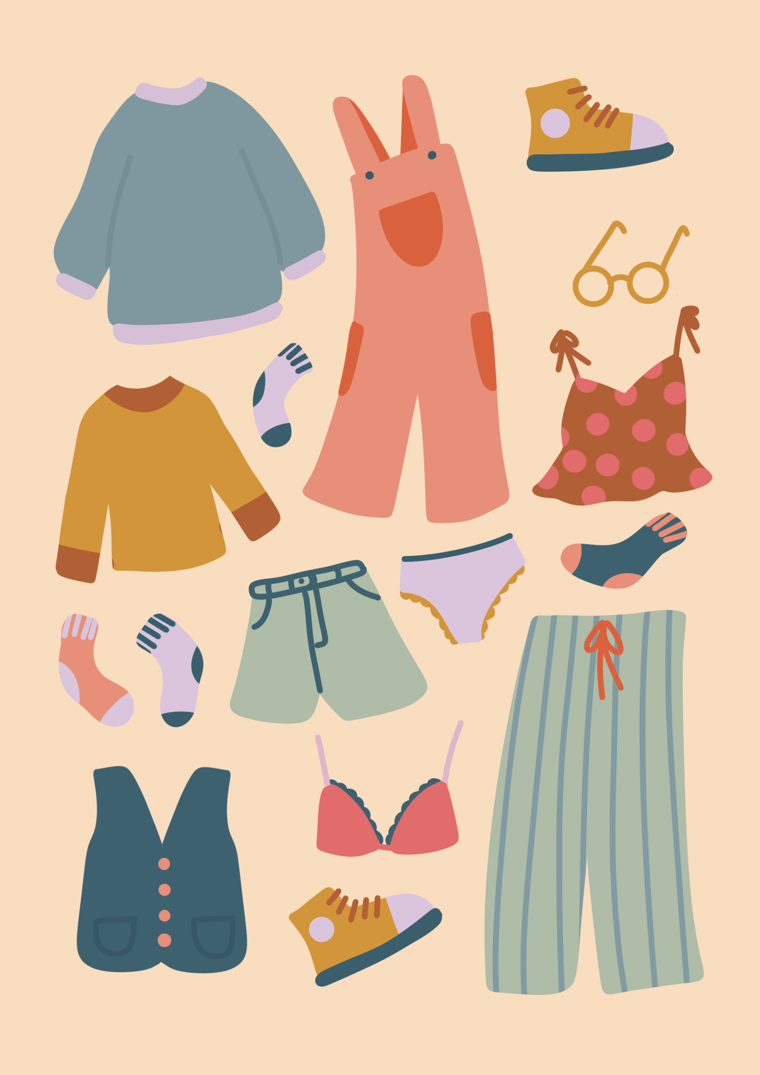 Collection of colorful clothing and accessories, including a blue jacket, yellow long-sleeve shirt, pink bunny-shaped garment, polka dot dress, striped pants, pajama shorts, socks, a pair of boots, glasses, and a bra, arranged on a beige background.