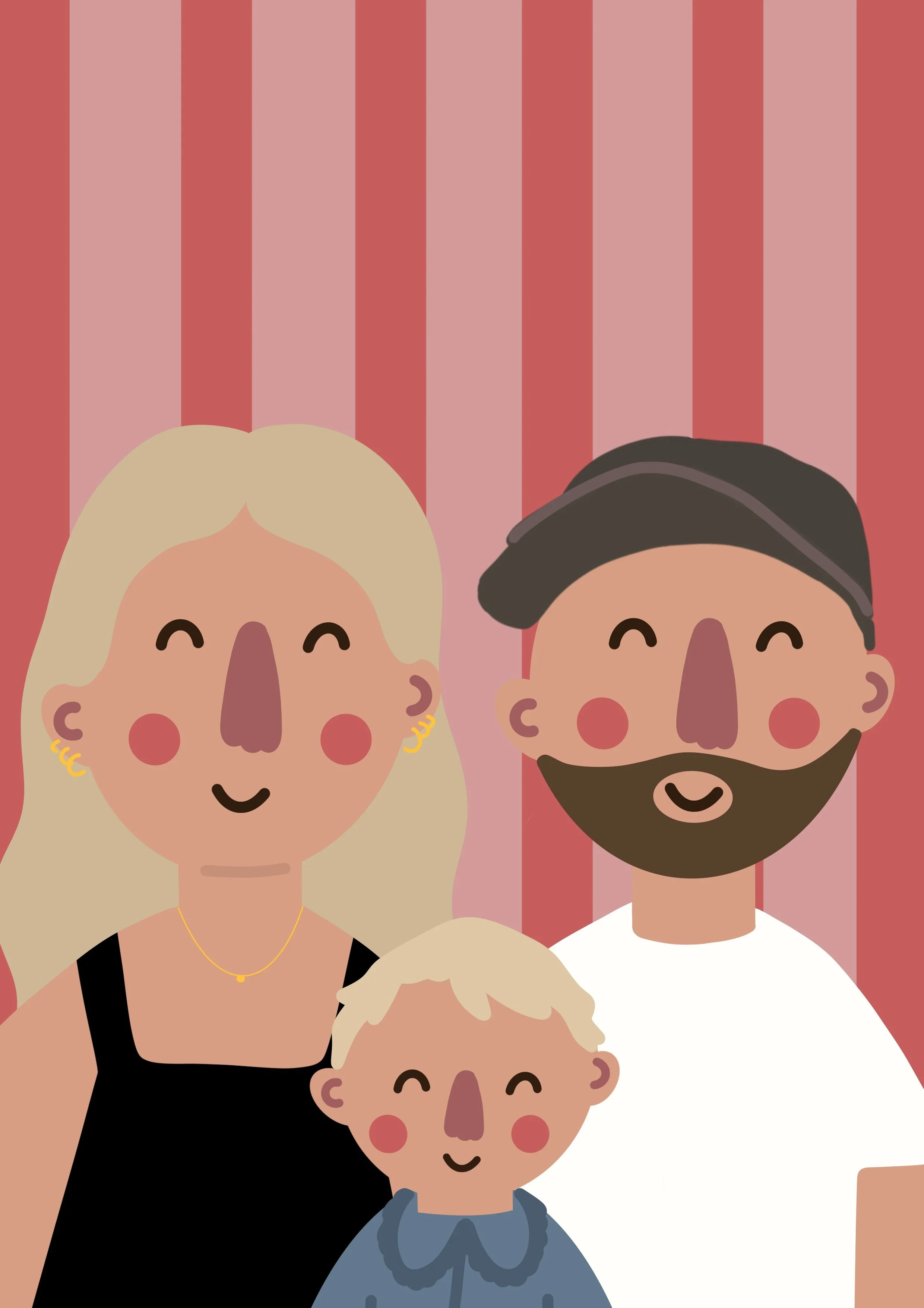 Illustration of five smiling people with various hairstyles and clothing, standing against a background of vertical pink and red stripes.